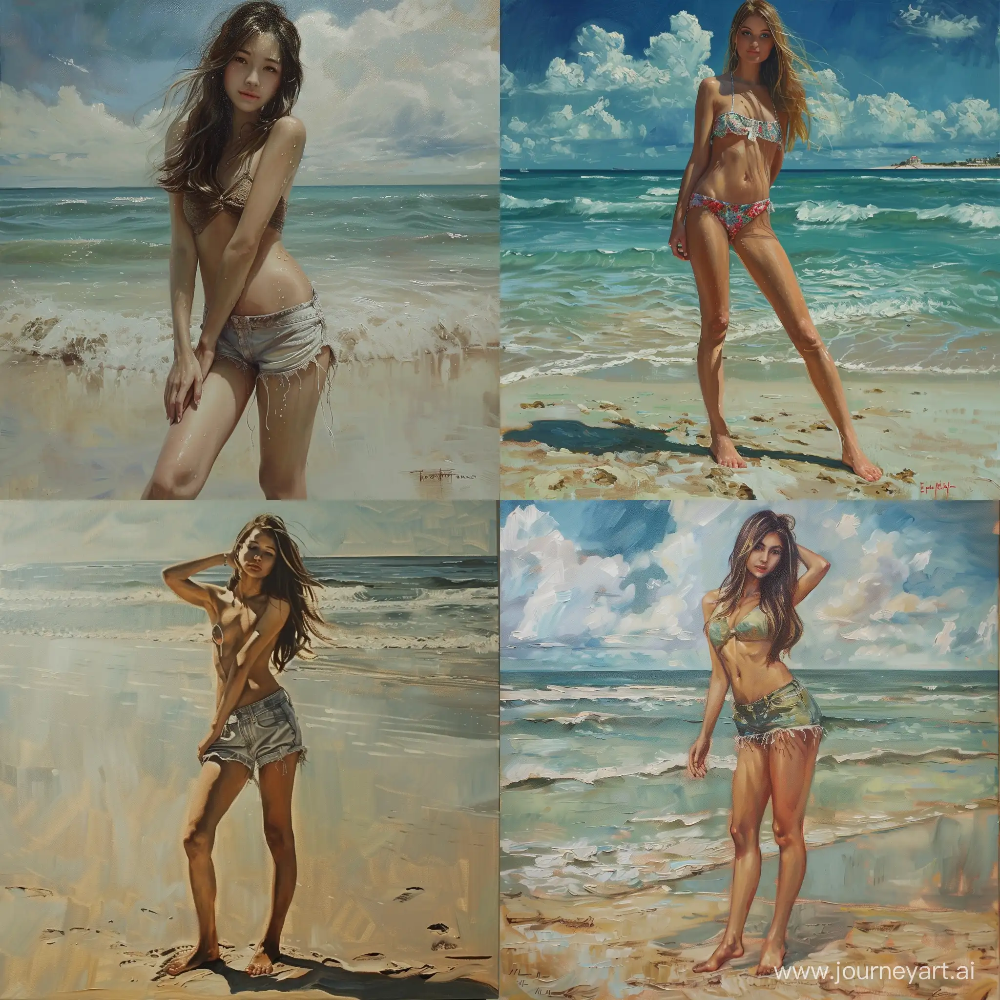 画画：一个少女在沙滩上摆拍，修长的双腿，短裤，长发，全身照
