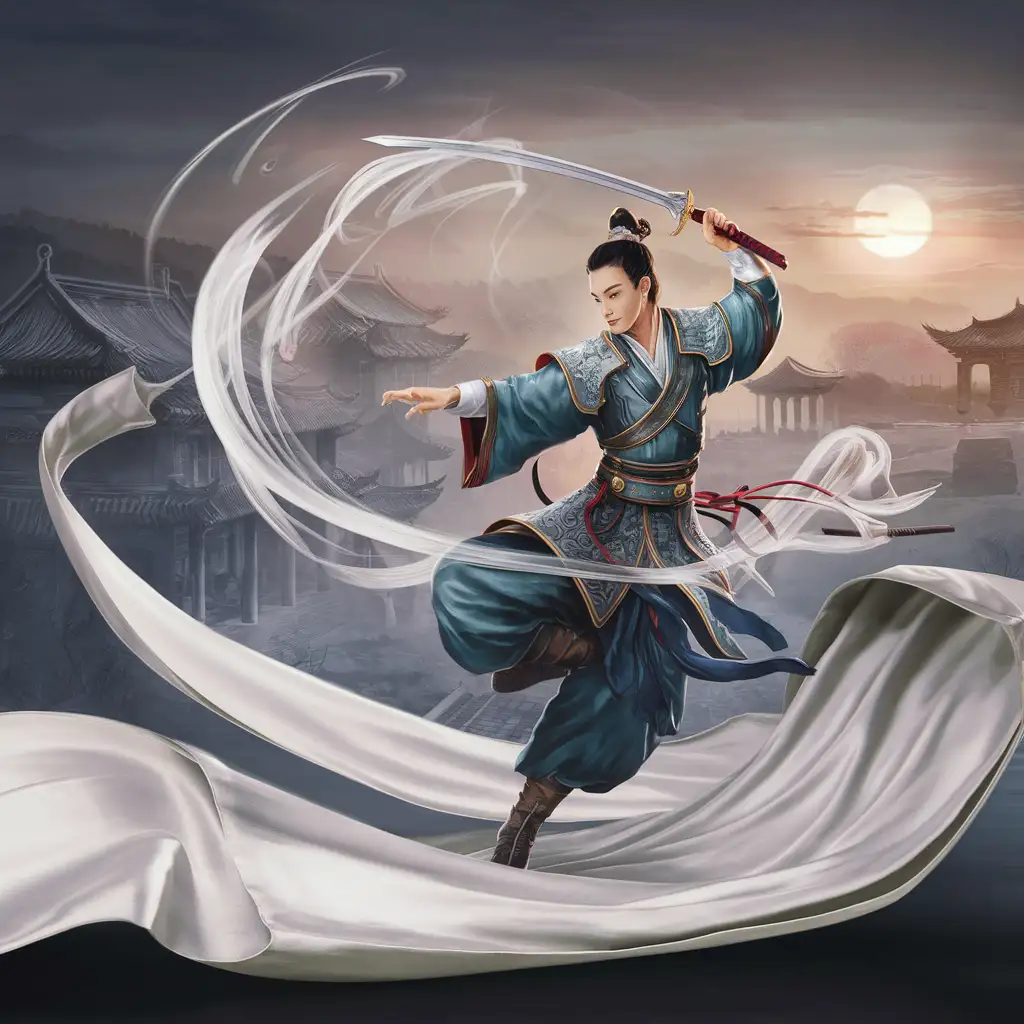 A person from ancient China dancing with a sword on an extended white scroll