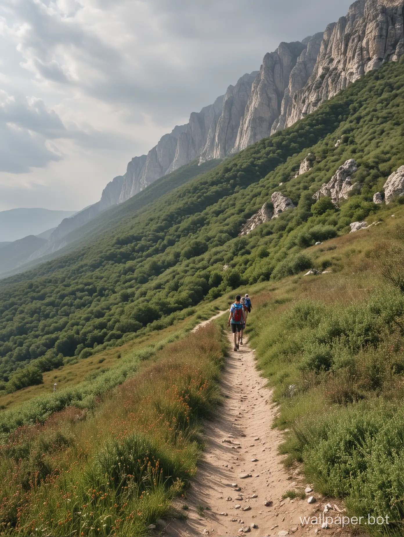 Crimea, mountains, tourists walk along the trail
