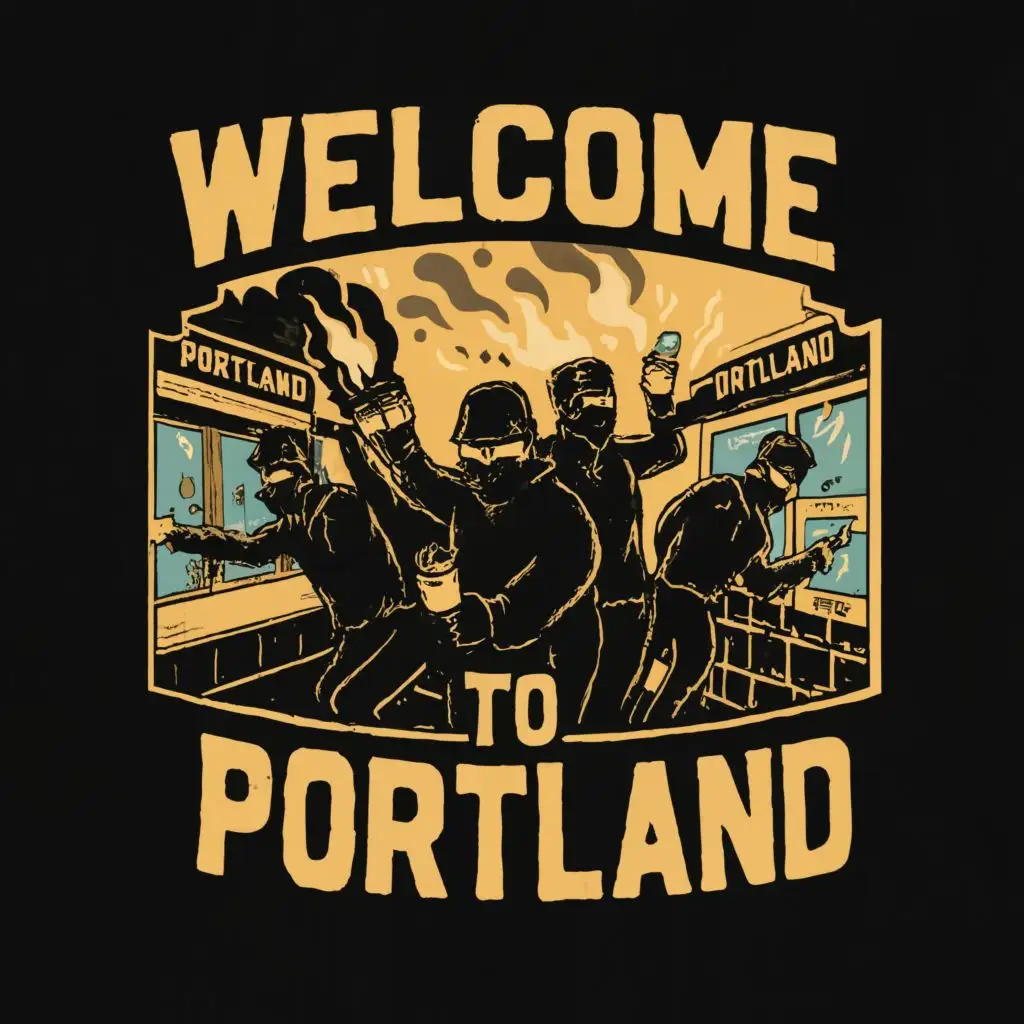 logo, people wearing all black faces covered with masks throwing molotov cocktails smashing out storefronts, with the text "welcome to Portland", typography, be used in Religious industry