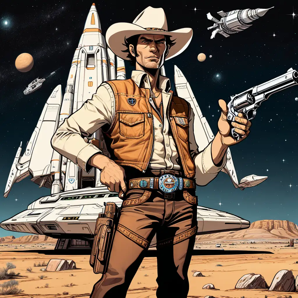 space cowboy fastdraw cowboy with pistol with  no mustache standing in front of spaceship
