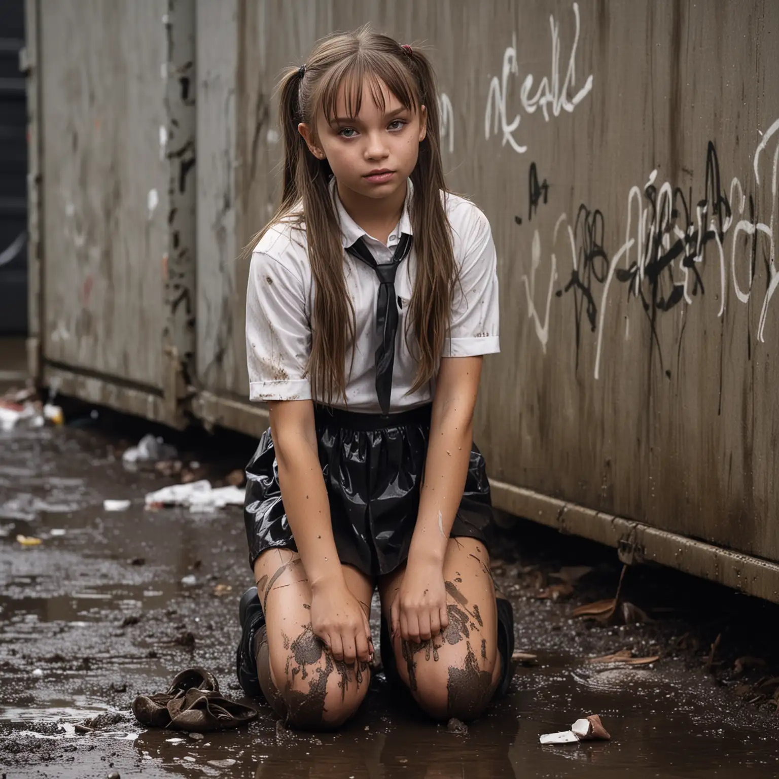 photorealistic, young maddie ziegler, dressed as a schoolgirl, pigtails, on her knees in front a dumpster, night, muddy, trash, dirty, wet, stained, grim, graffitti