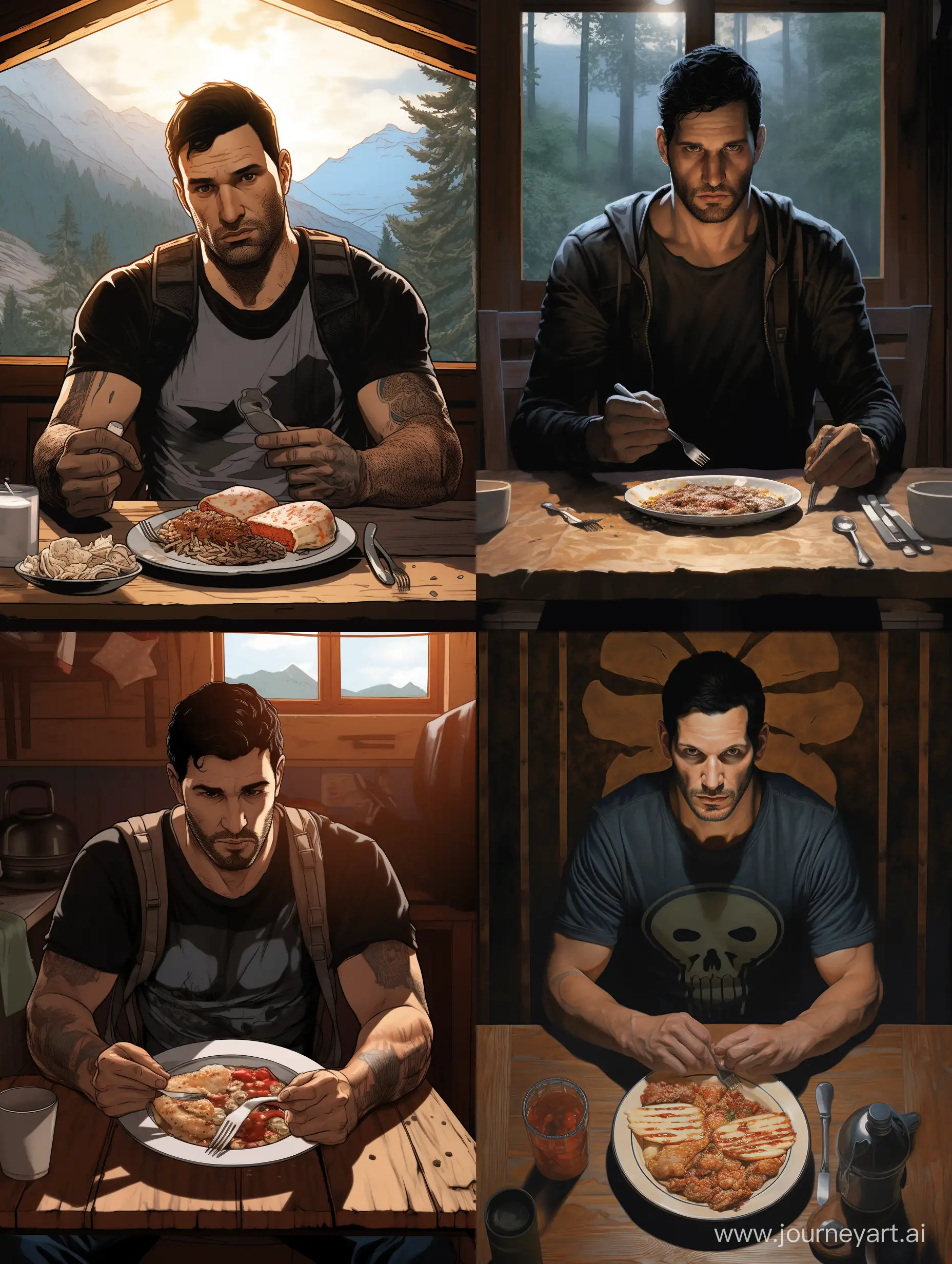 close up, the punisher eating breakfast in a cabin, symmetrical balance, hyper-realistic --ar 3:4 --style raw