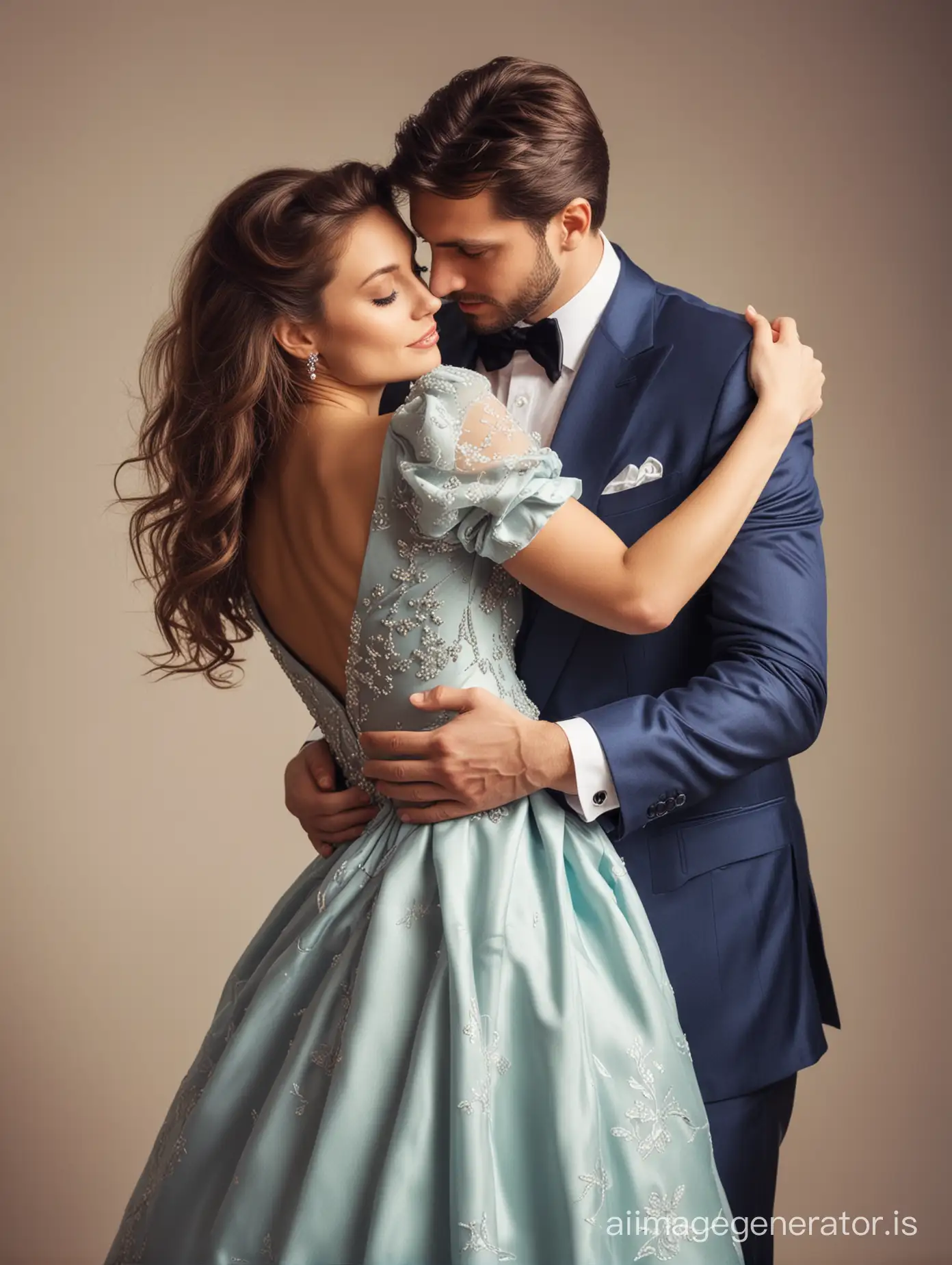 Elegance couple man hugs beautiful woman with dress