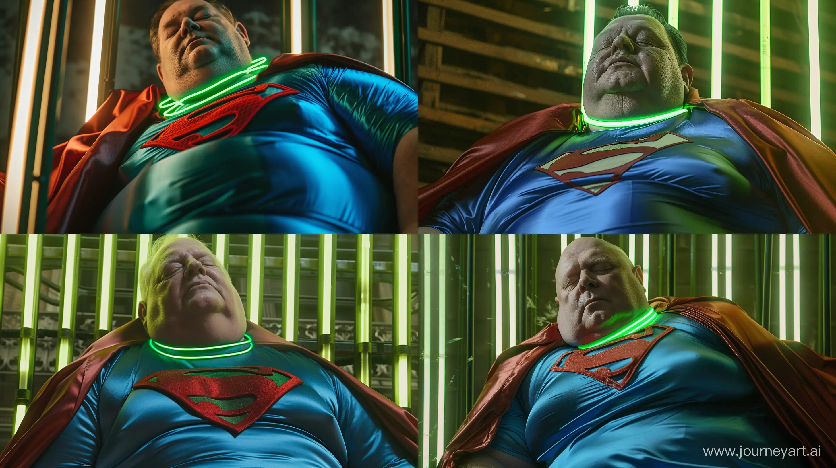 Extreme close-up shot photo of a fat man aged 60 wearing a blue silk superman tight costume with a large red cape and a tight green glowing neon dog collar. Sleeping against green glowing green neon bars. Outside. Daylight. Natural Light. --style raw --ar 16:9