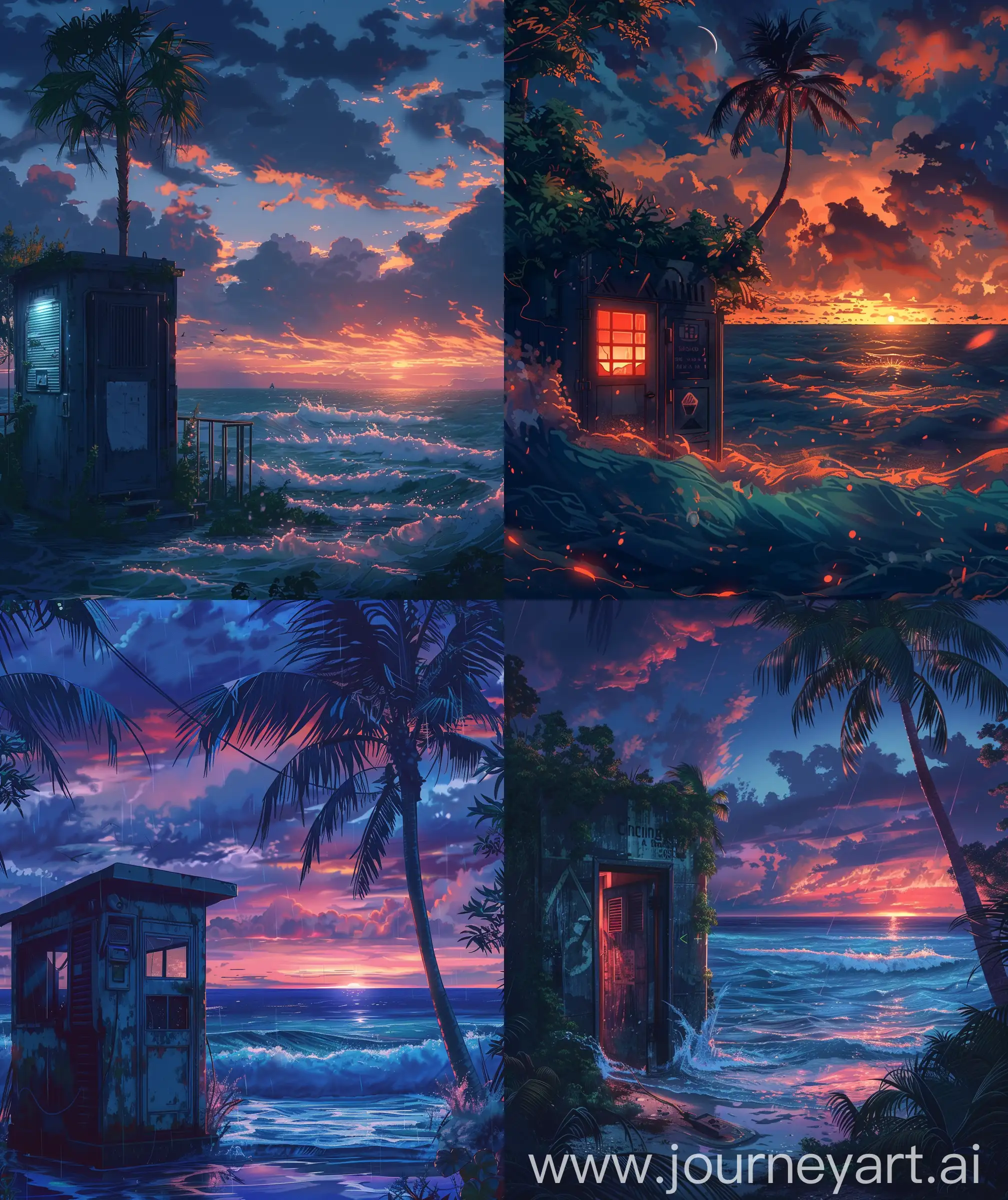 A anime scenary, illustration, old communication cabin, surrounding by the soft glow of Twilight, anime scenary, ocean, waves, palm tree, sunset at horizon, ultra hd, High quality resolution, no blurry, no hyperrealistic --ar 27:32 