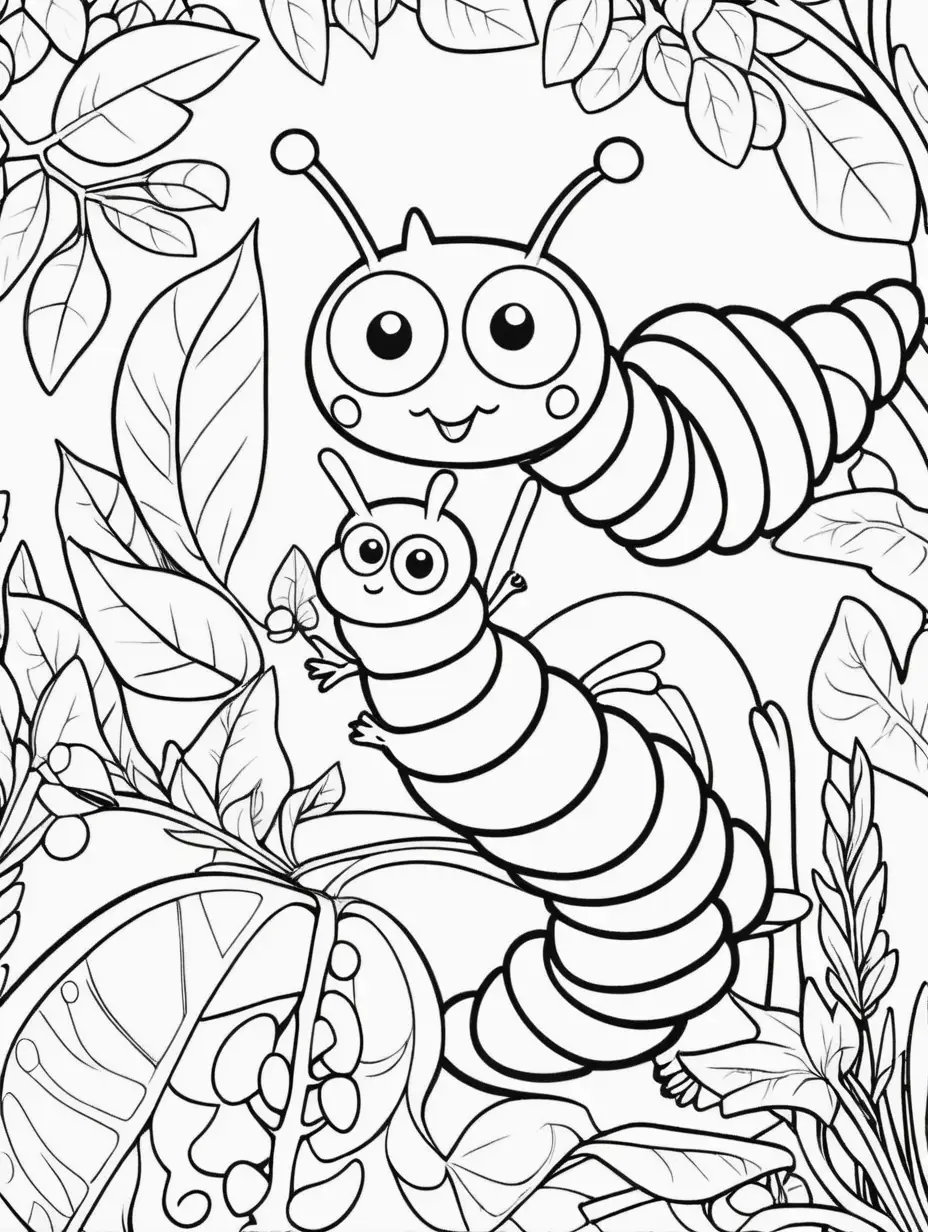 Coloring Book Page Caterpillar Munching Leaves