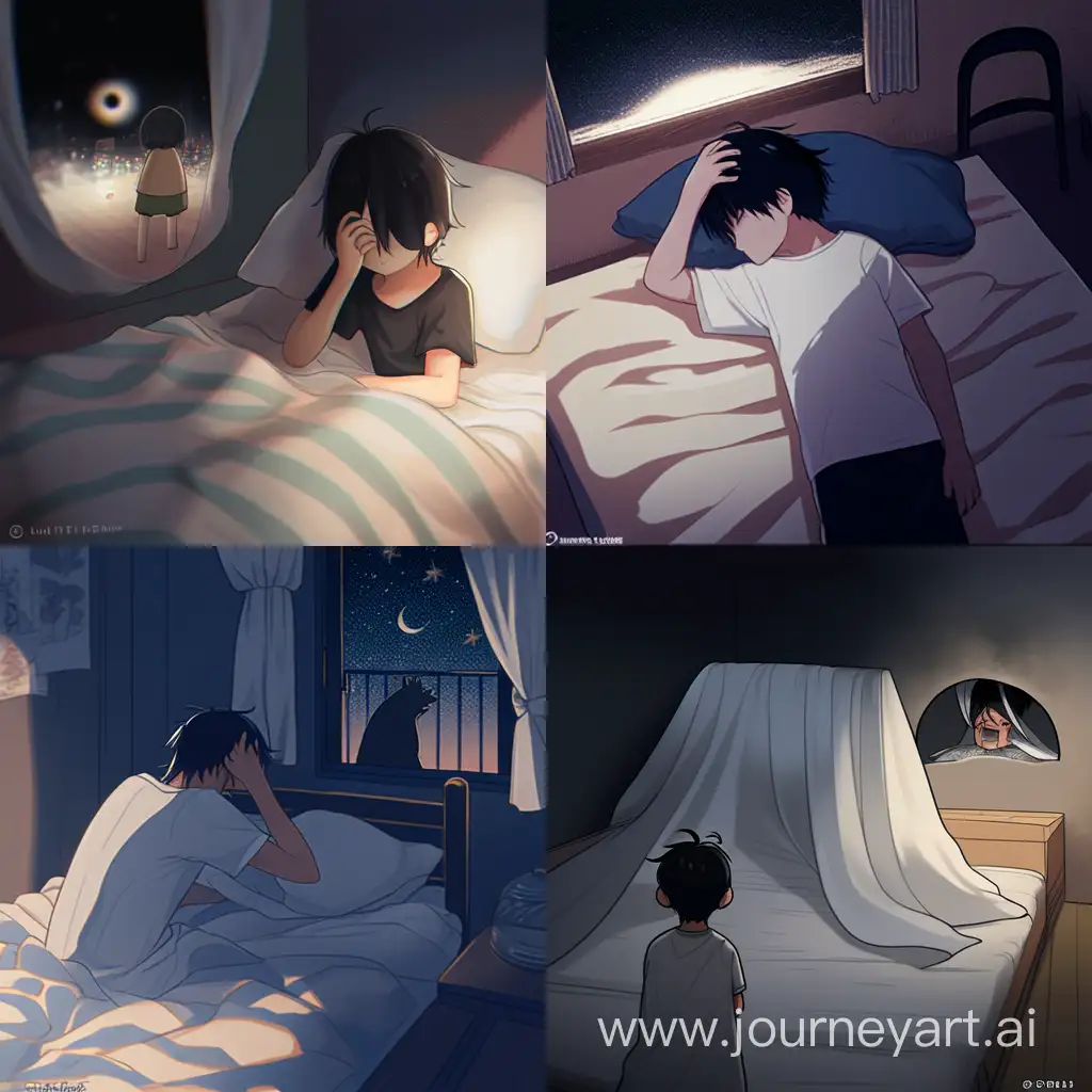 everything can be seen at a distance of 2 meters from an ordinary boy who is 180 cm tall, Asian, hair covering his eyes, black desert, black hair, sleeping in a white t-shirt, he is spread out in bed, he is turned on his left side, his hand is under the desert, in the dark no light in the room, sleeping, the blanket is black, the blanket is covered to the waist of the body
