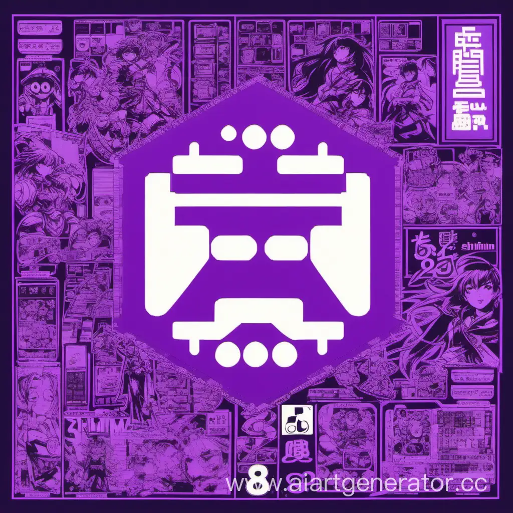 фиолетовый холст, на котором изображен логотип *8shiniima8* на заднем плане изображены различные ярлыки из видео игр