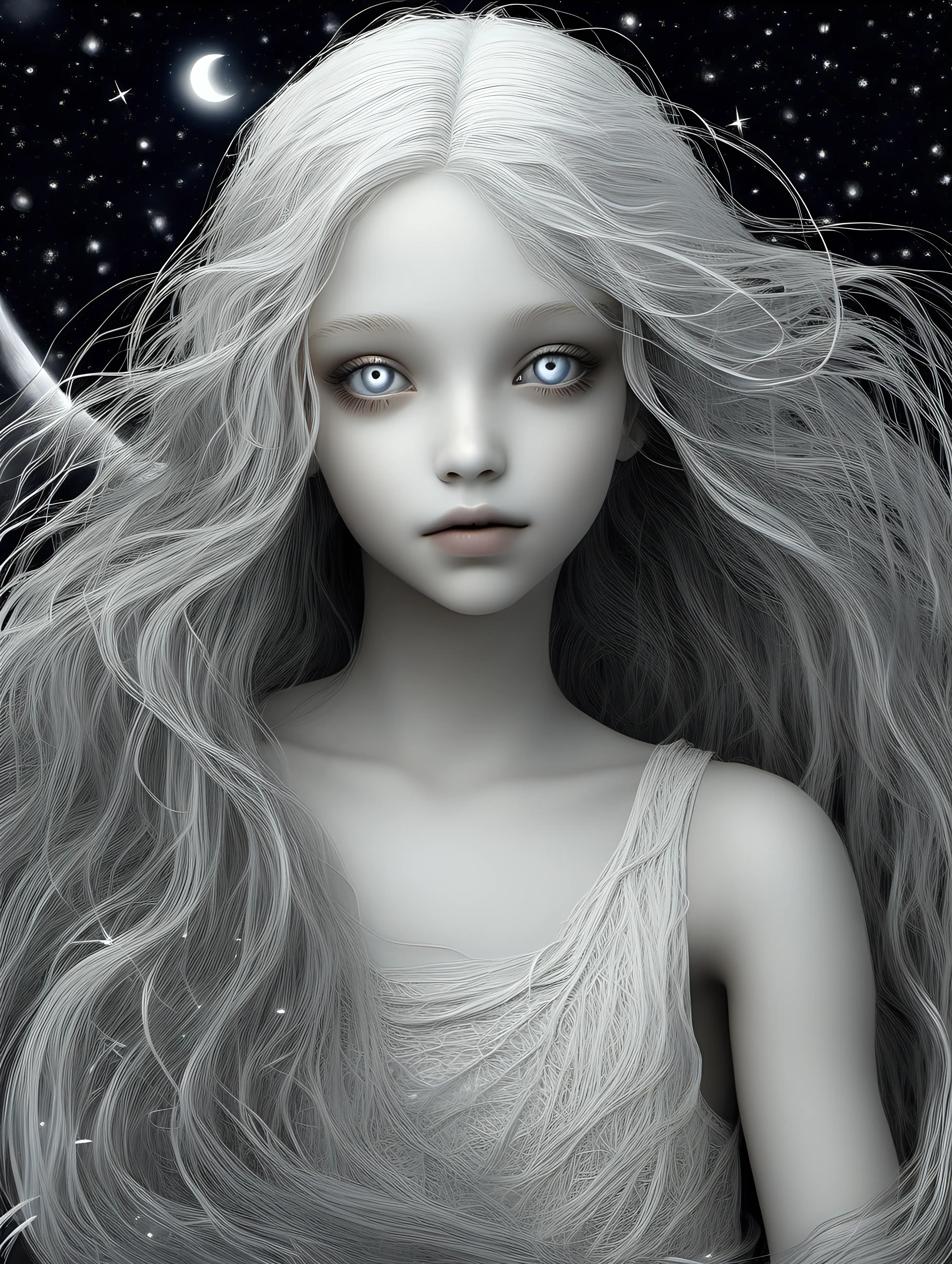 Luminous grey eyes, Weaving strands from the moon beams. Annie sews happy dreams Woven with starlight, pure and white. Annie May, with age-kissed face, “-v 6”
