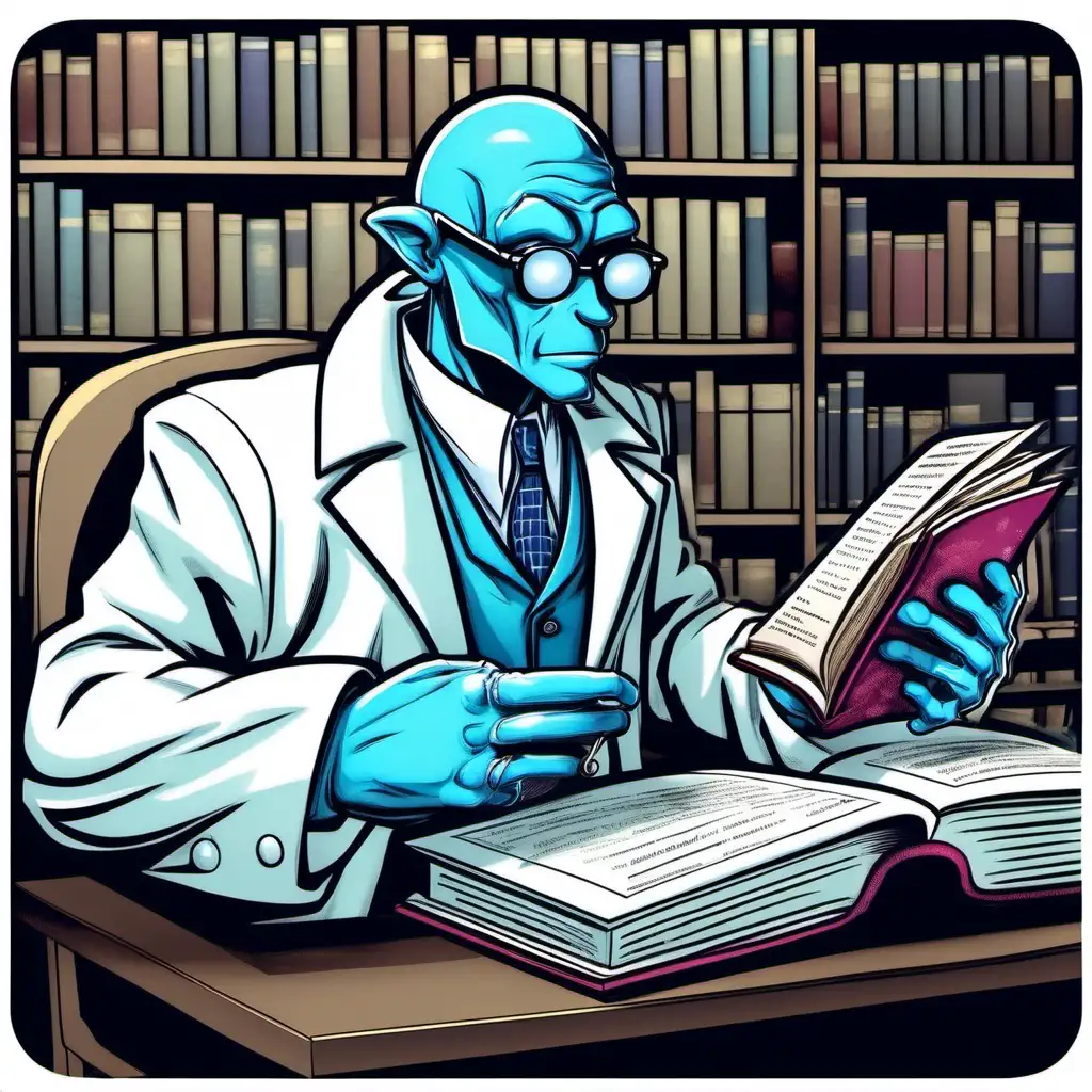 a blue humanoid professor in a white jacket studying books about time, as he is a timetravel researcher (cartoon)