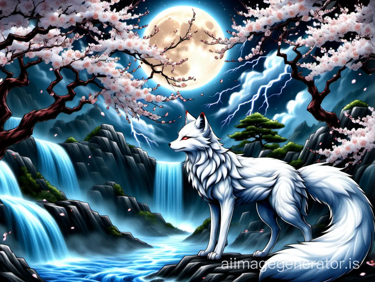 nine tail kitsune white and blue fox full moon lightning cherry blossom trees waterfall