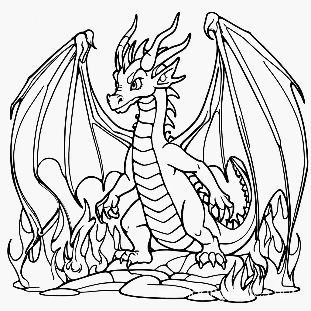 Dragon faery and fire, Coloring Page, black and white, line art, white background, Simplicity, Ample White Space. The background of the coloring page is plain white to make it easy for young children to color within the lines. The outlines of all the subjects are easy to distinguish, making it simple for kids to color without too much difficulty