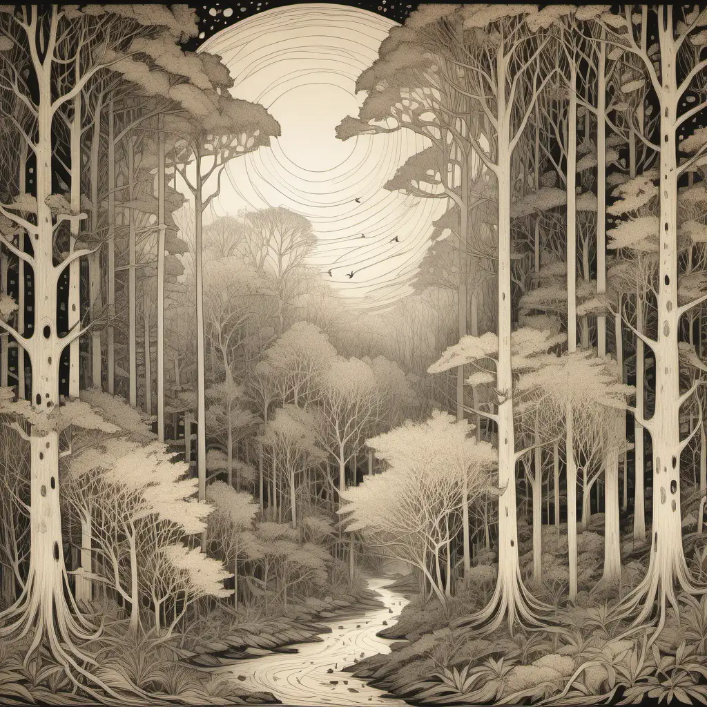 a forest landscape who is rich and dark that is pierced only by the pale silver moonbeams that filtered through the canopy, Victorian, etching, on light beige, bold color, muted palette, , loose line drawing, playfully intricate, puzzle-like elements,