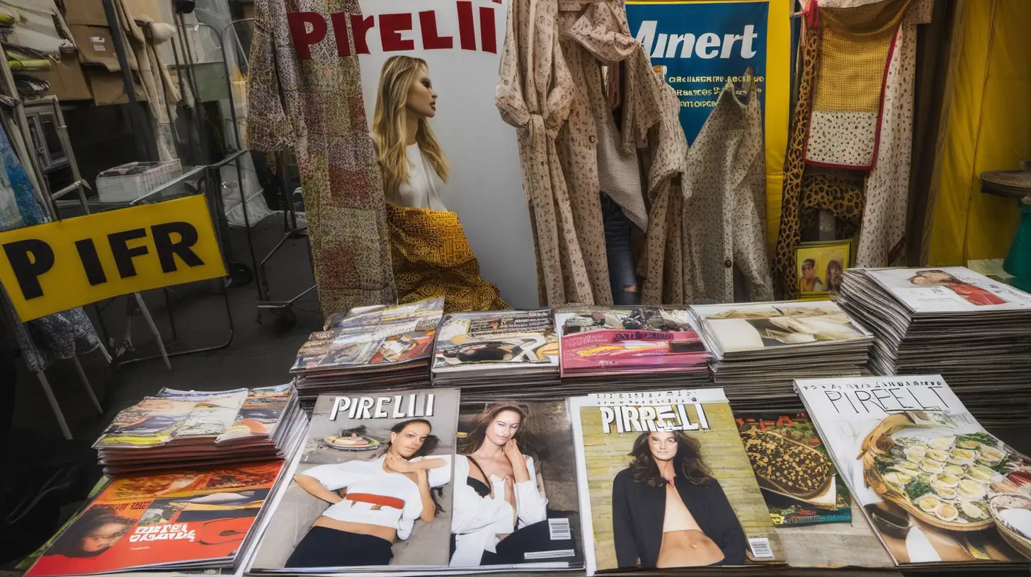 an indoor market stall with Pirelli calendars and magazines