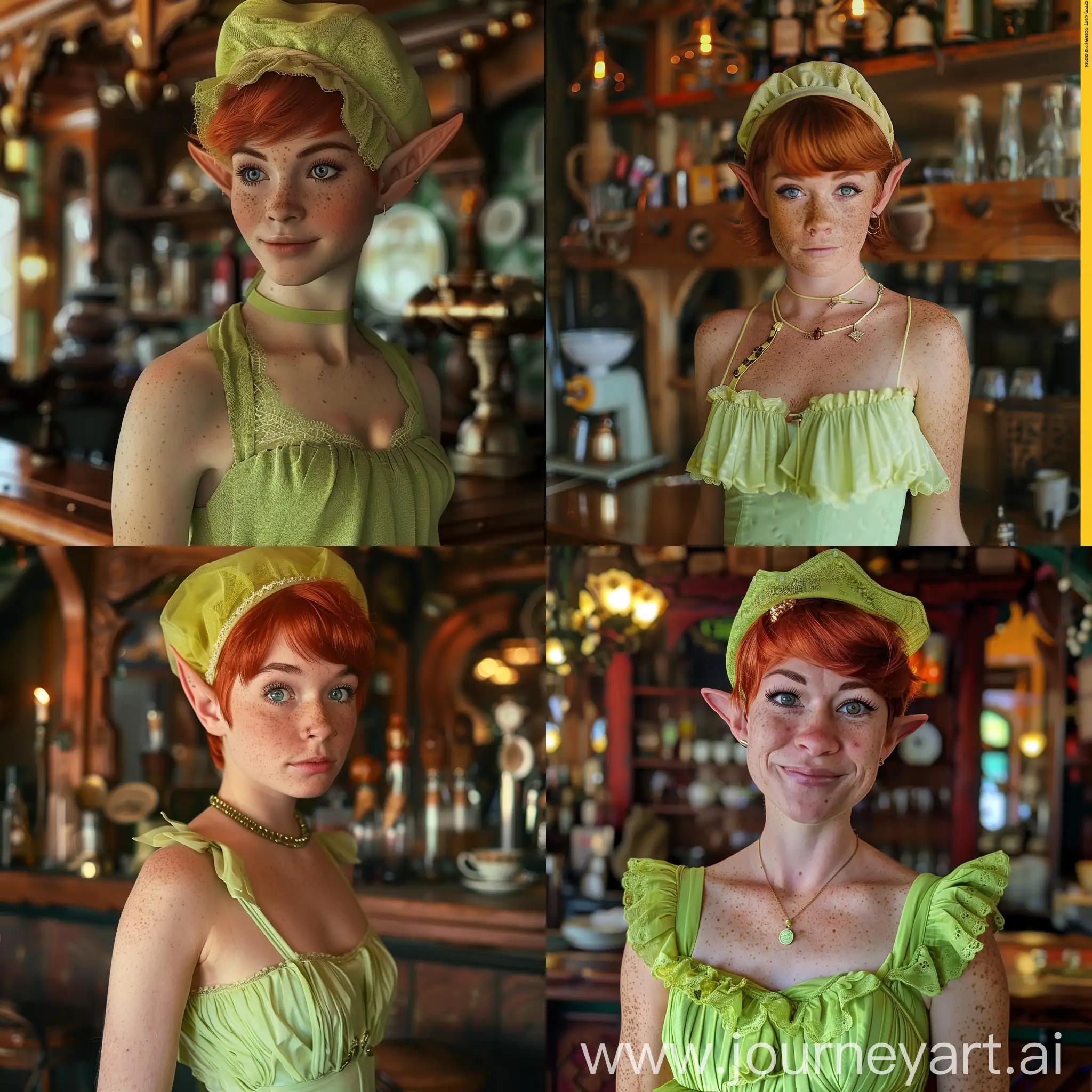 elf, red hair, short hair, freckles, hair cap, lime green dress, tea maid, tavern