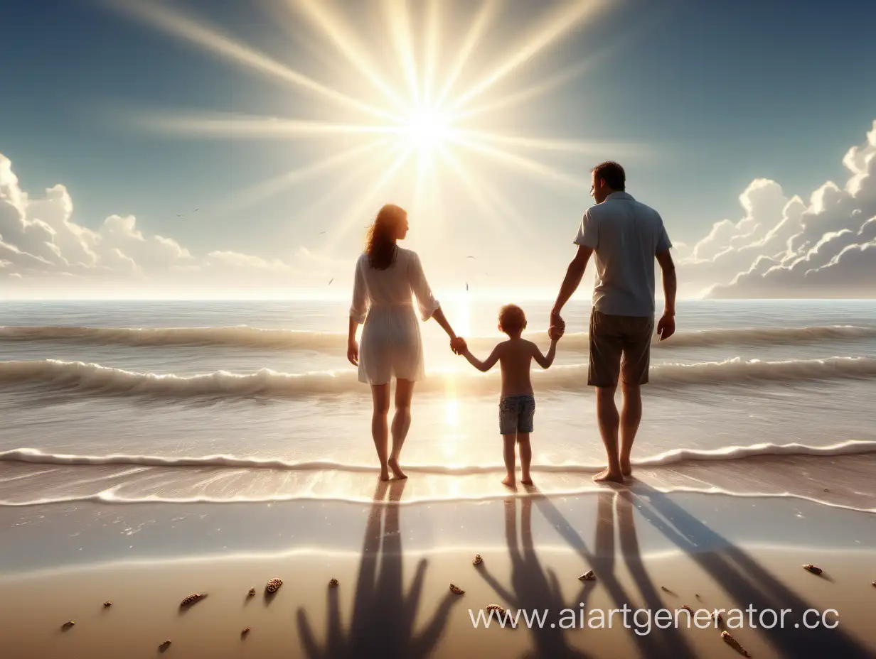 Man, woman and child on the beach, the sun is reflected in the sea, beautiful rays from the sun, photorealistic, high resolution, precise focus
