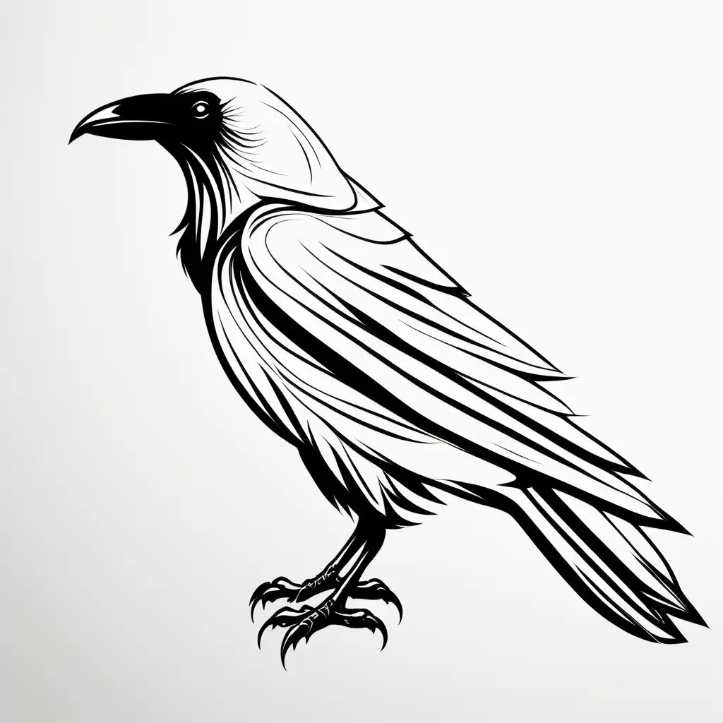 basic and simple outline of a raven, white background, black line