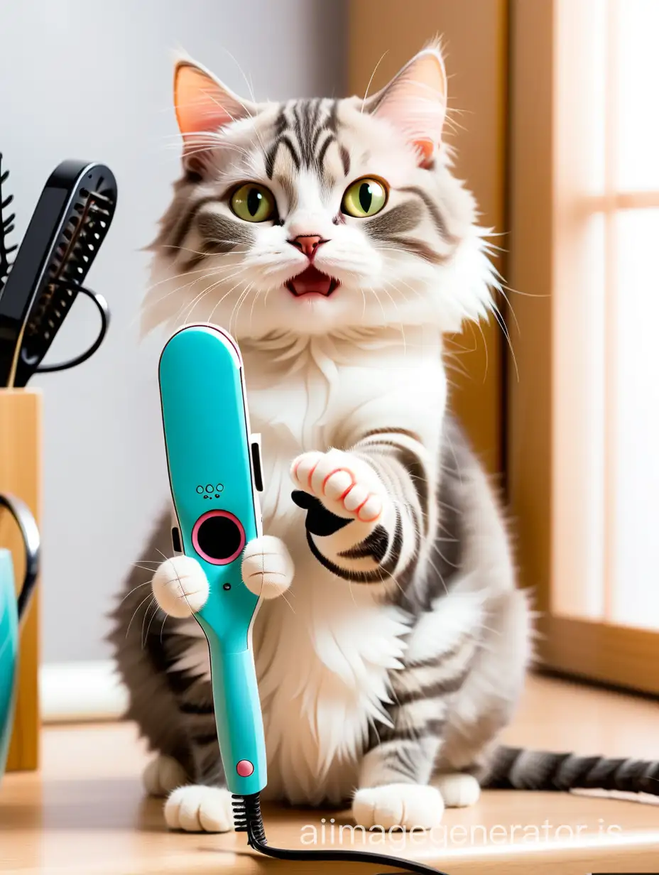 The cat is holding a hair straightener