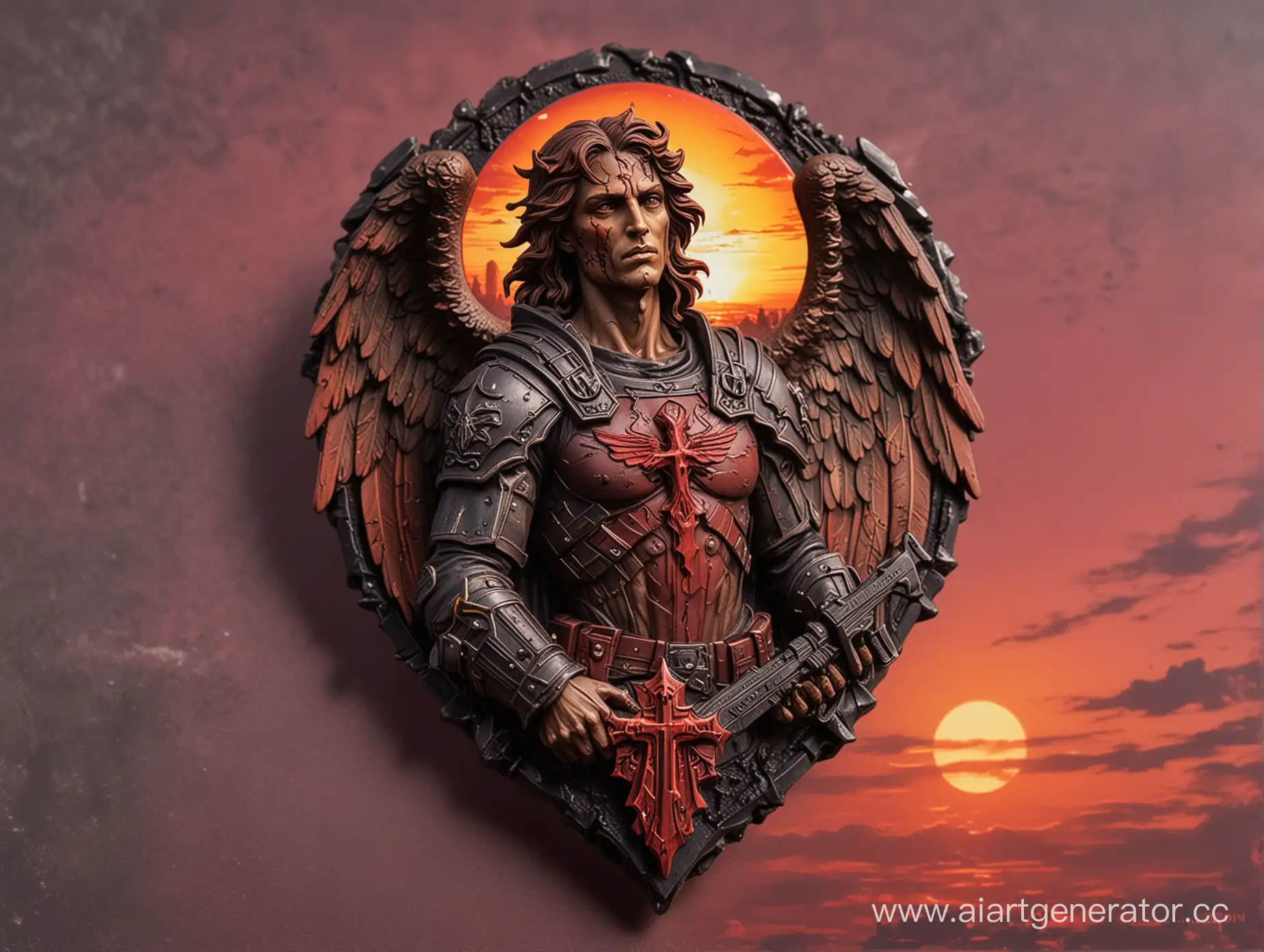 Mysterious-Bloodied-Archangel-with-DVS-Badge-on-Crimson-Sunset-Background