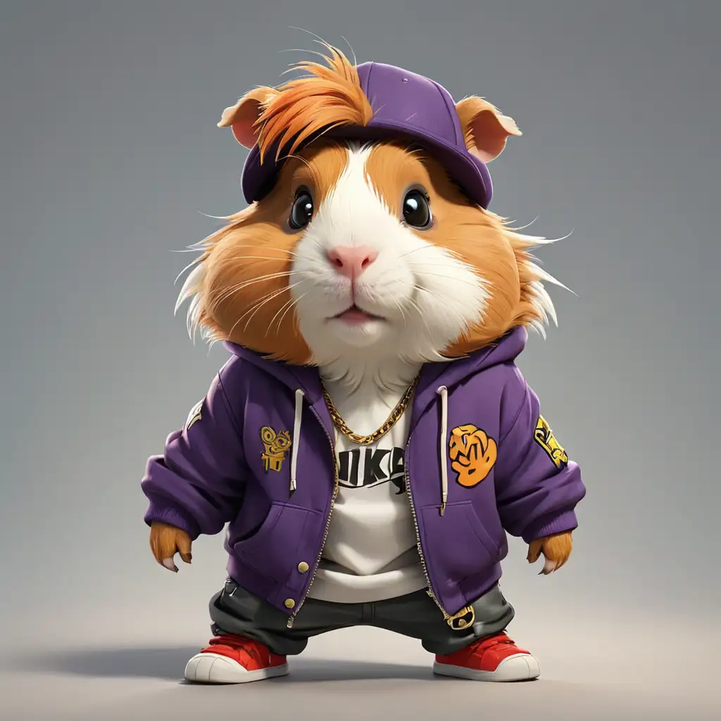 a cute Guinea pig in cartoon style in full body with hip hop style clothes with clear background
