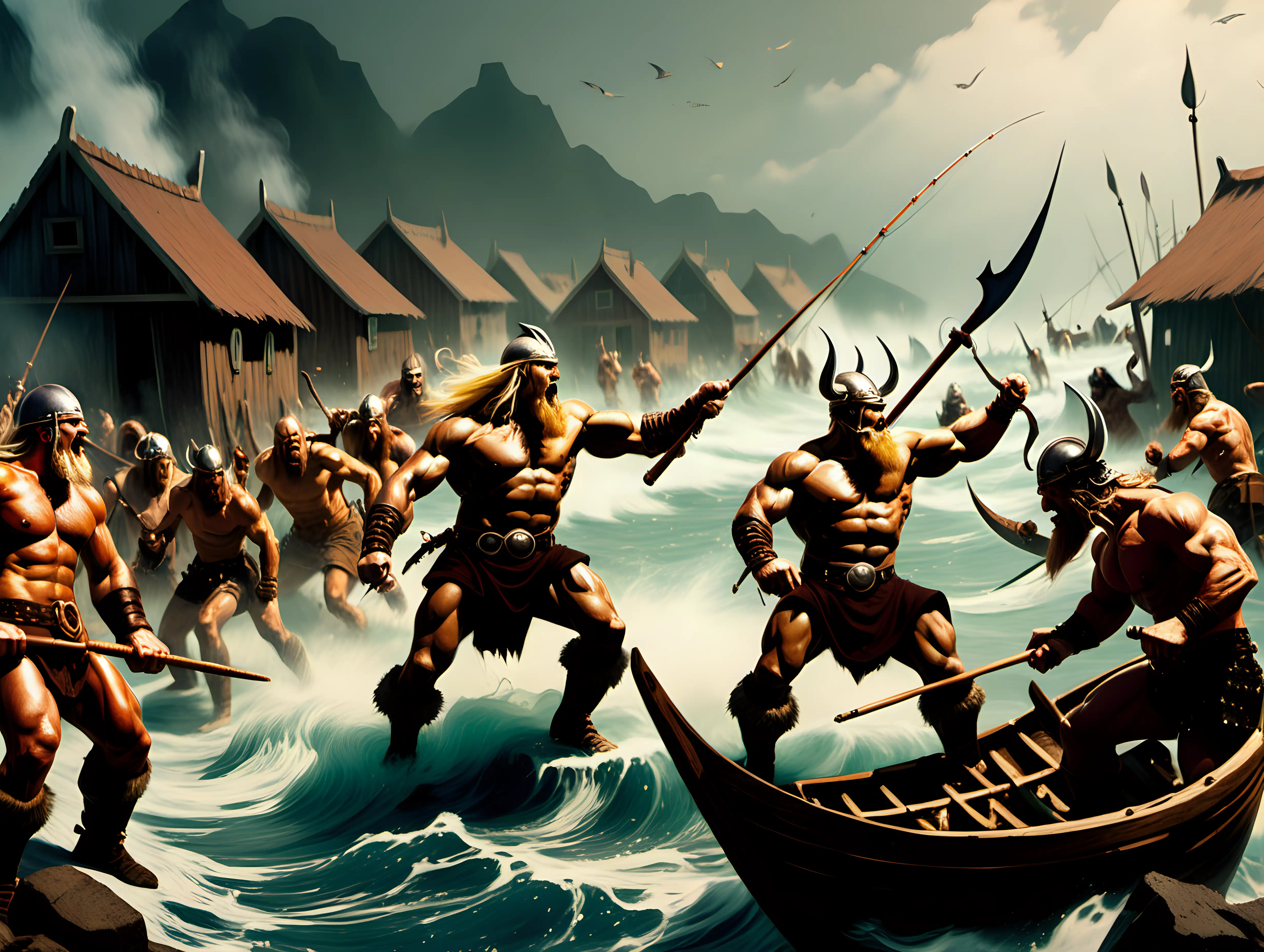 Epic Battle of Vikings and Barbarians in a Coastal Village