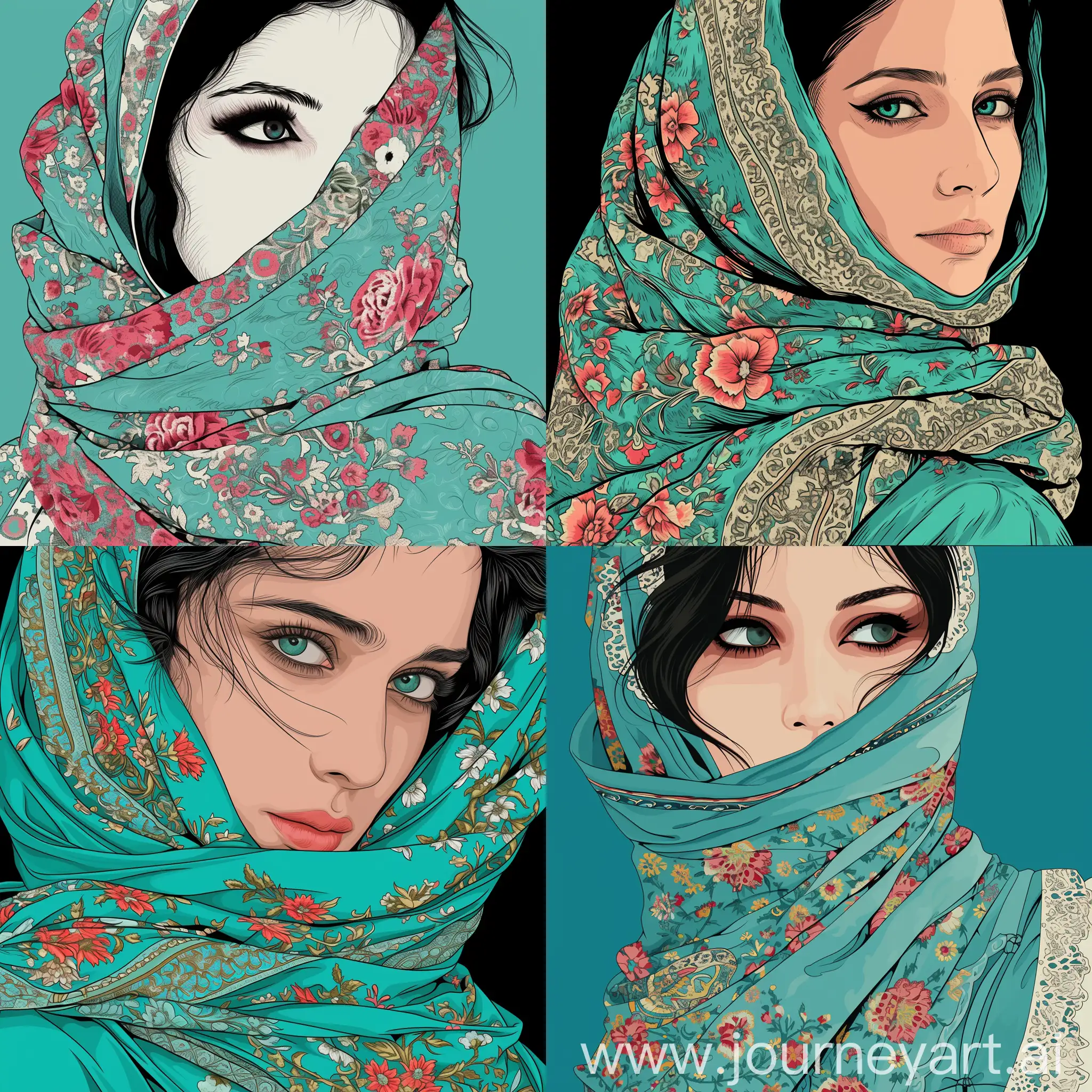 Intricate-Vector-Art-Portrait-of-Beautiful-Woman-in-Modest-Turquoise-Dress