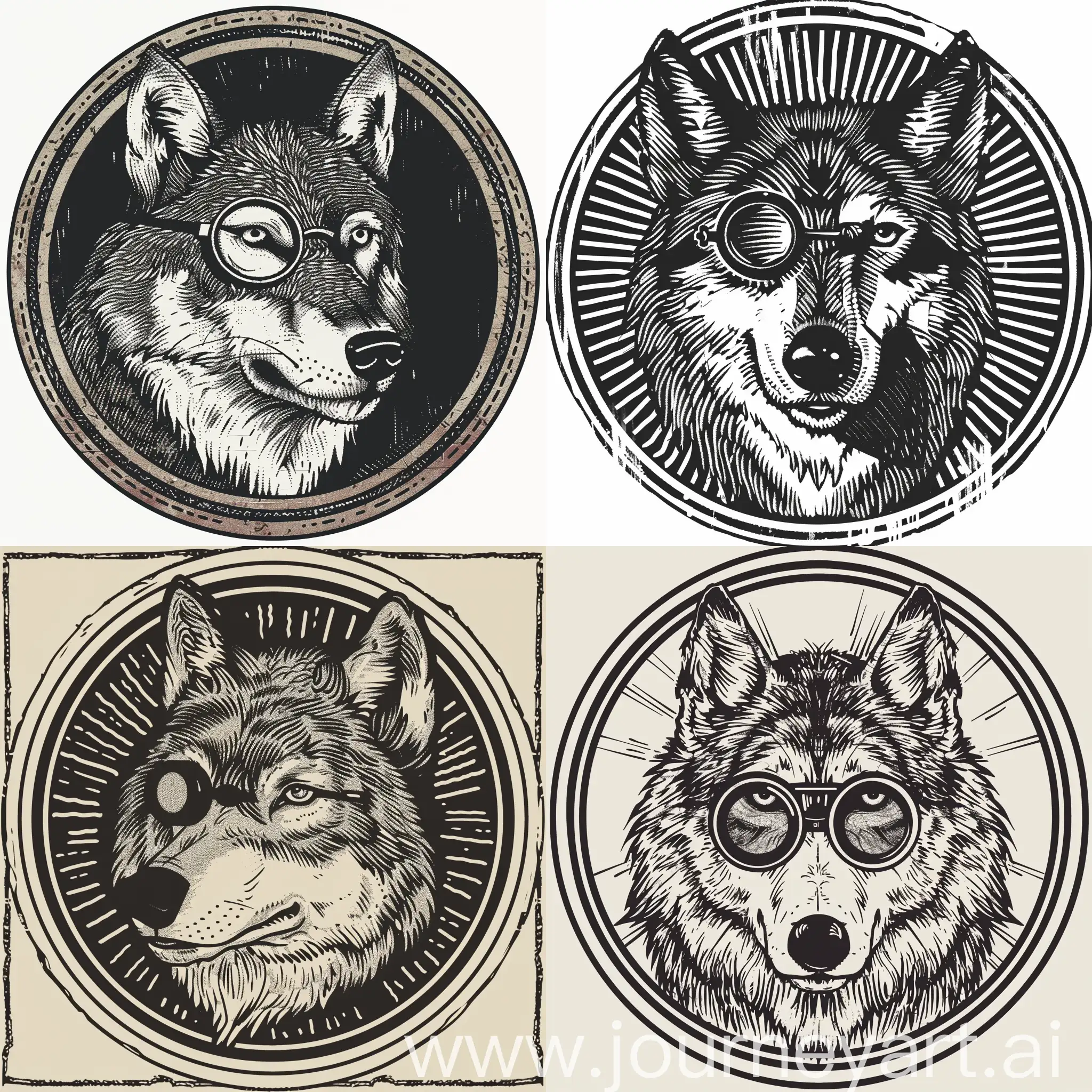 a wolf wearing a monocle woodcut style within a circular boarder