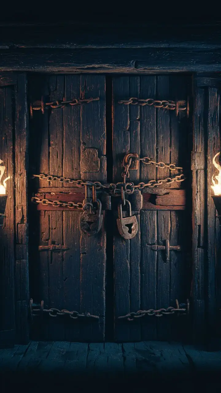 Abandoned Dungeon with Closed Door and Lock at Night