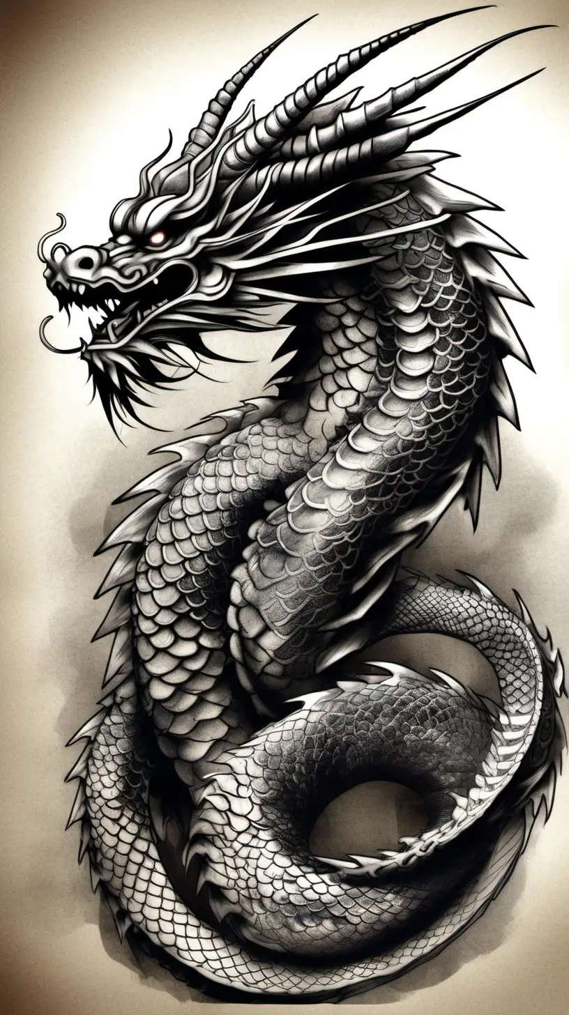 /imagine prompt: [tattoo flash] [full body]
a hyper realistic digital painting, combination of real drawing art and Japanese [Sumi-e] brush art  depicting an imposing eastern dragon .
The dragon's tail is designed by a brush in the traditional Japanese sumi-e style
 Render the dragon itself in an ultra-detailed, photorealistic hyperrealist style showing each individual scale in sharp focus. 