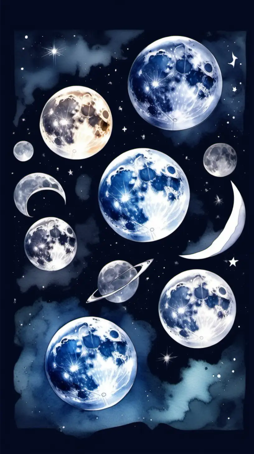 Mesmerizing Watercolor Phases Captivating Cycles of the Moon Art