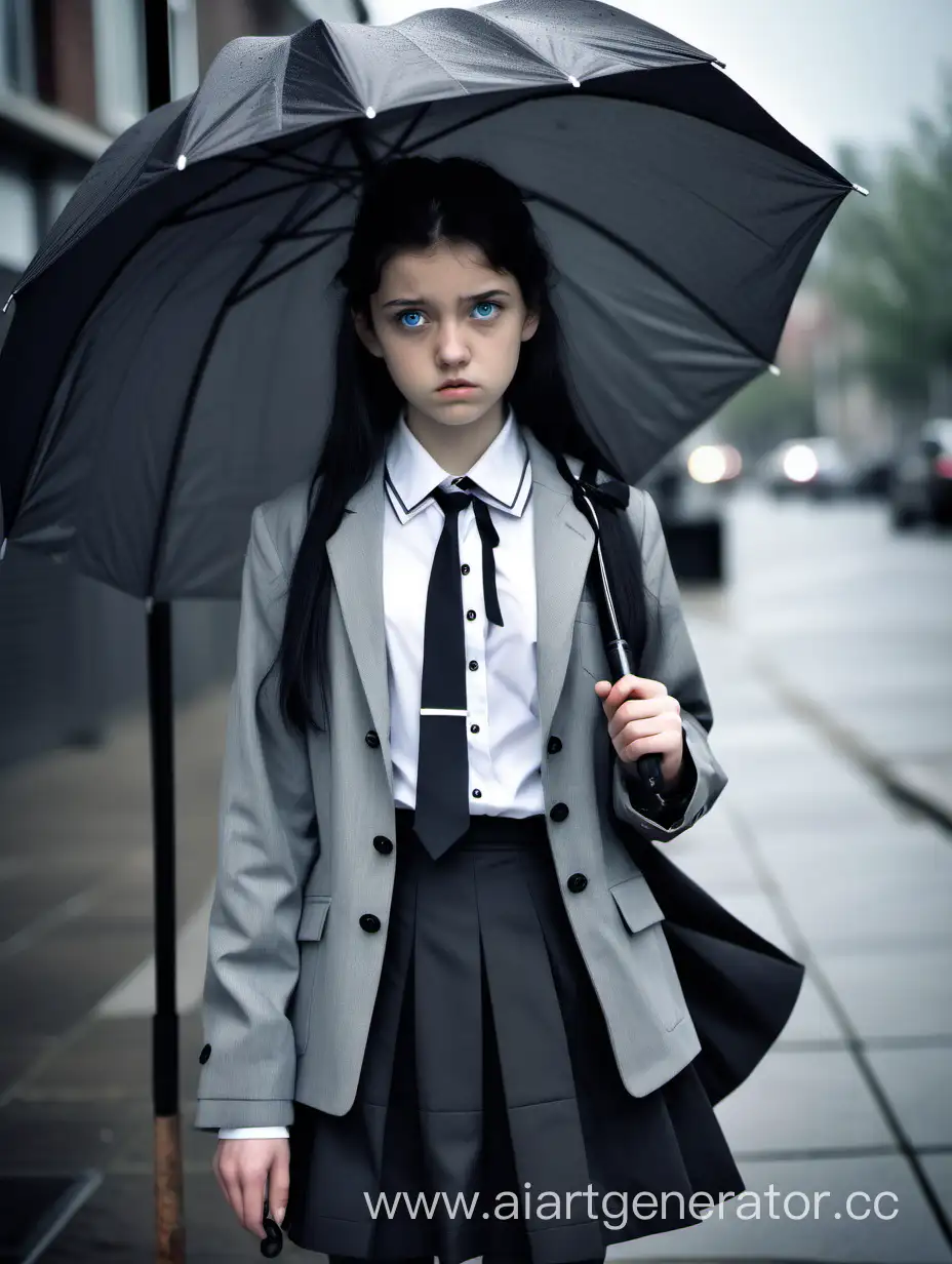  Девушка лет 14-17, милая, с голубыми глазами и черными длинными волосами, в сером пиджаке, застегнутом на черные пуговицы, с черной блузкой-кантри и белым английским воротником с черной вставкой по краям и  галстуком, с черной юбкой. Смотрит на экран с грустным выражением лица, держит в руках зонт, на рукавах есть маленькие, черные банты вместо пуговиц, и идет по серому, унылому, однообразному городу, где жители одинаковы, серая масса.