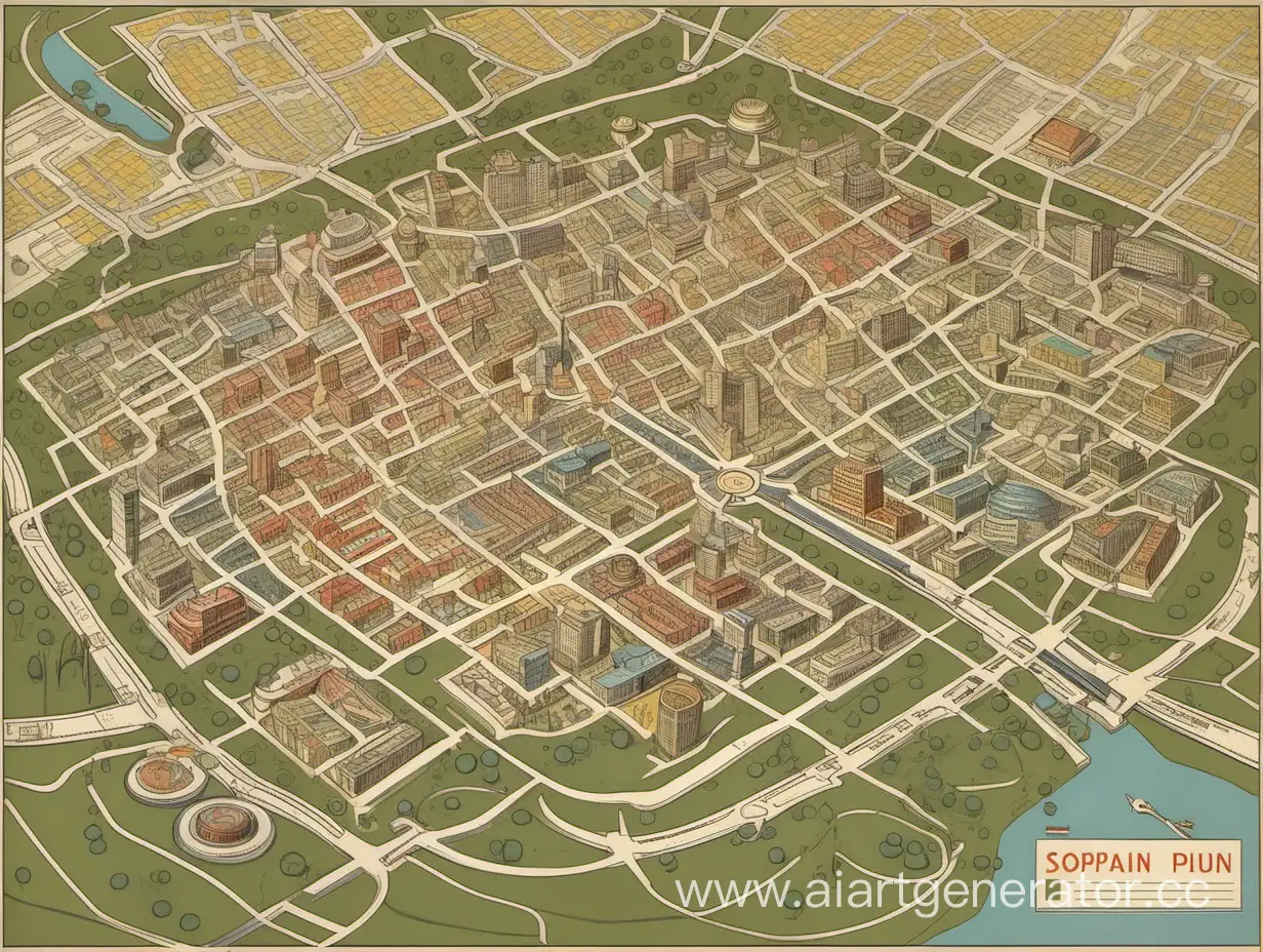 Небольшая карта города в стиле утопического советского союза с банком, почтой и несколькими торговыми центрами