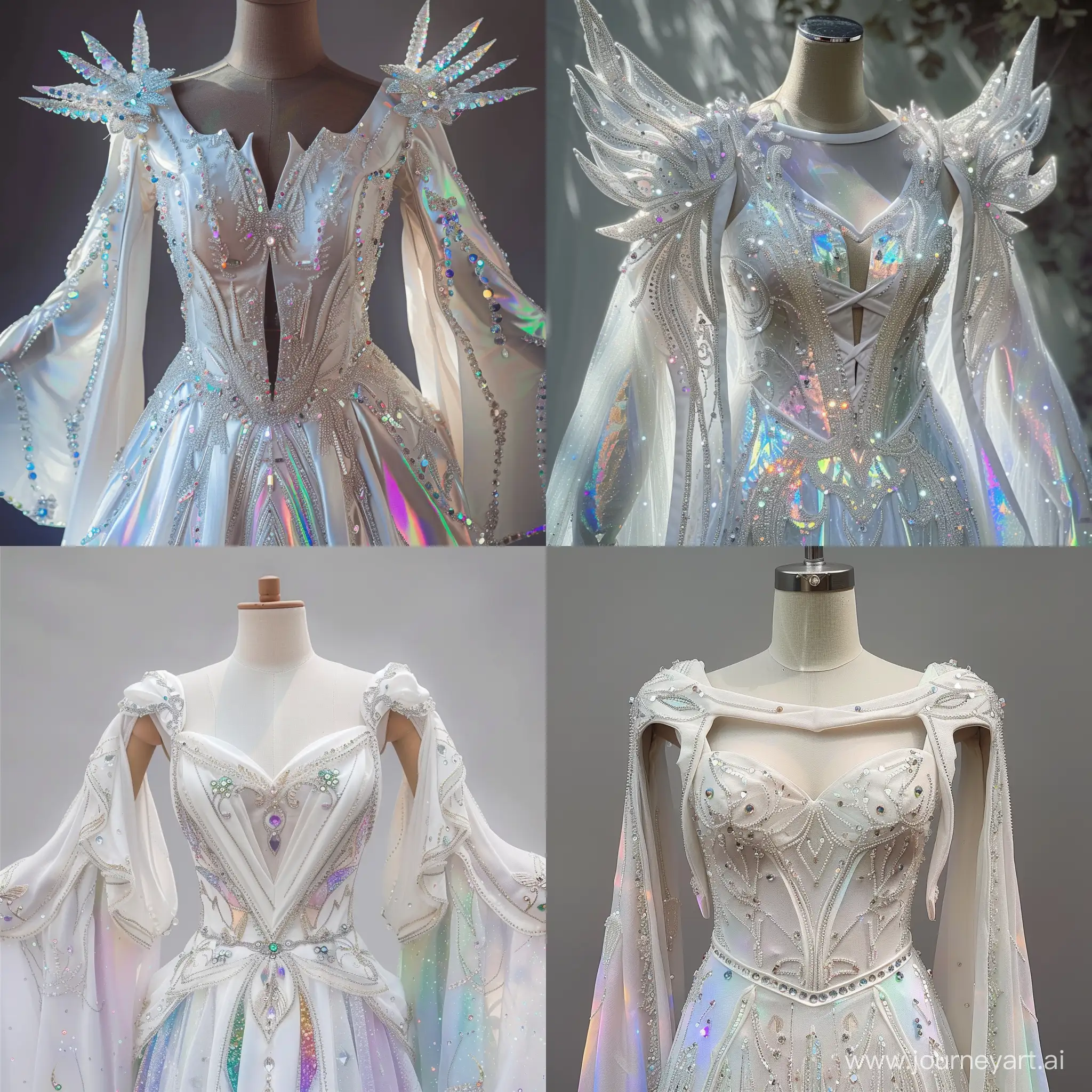 white elven dress with open shoulders and embroidered with crystals resembling the iridescent iridescence of the rainbow northern lights. 