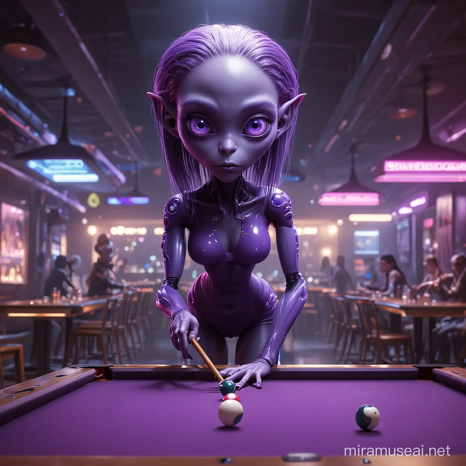 purple female alien with four pretty eyes,  and a cute face playing billiards at a futuristic bar, full body