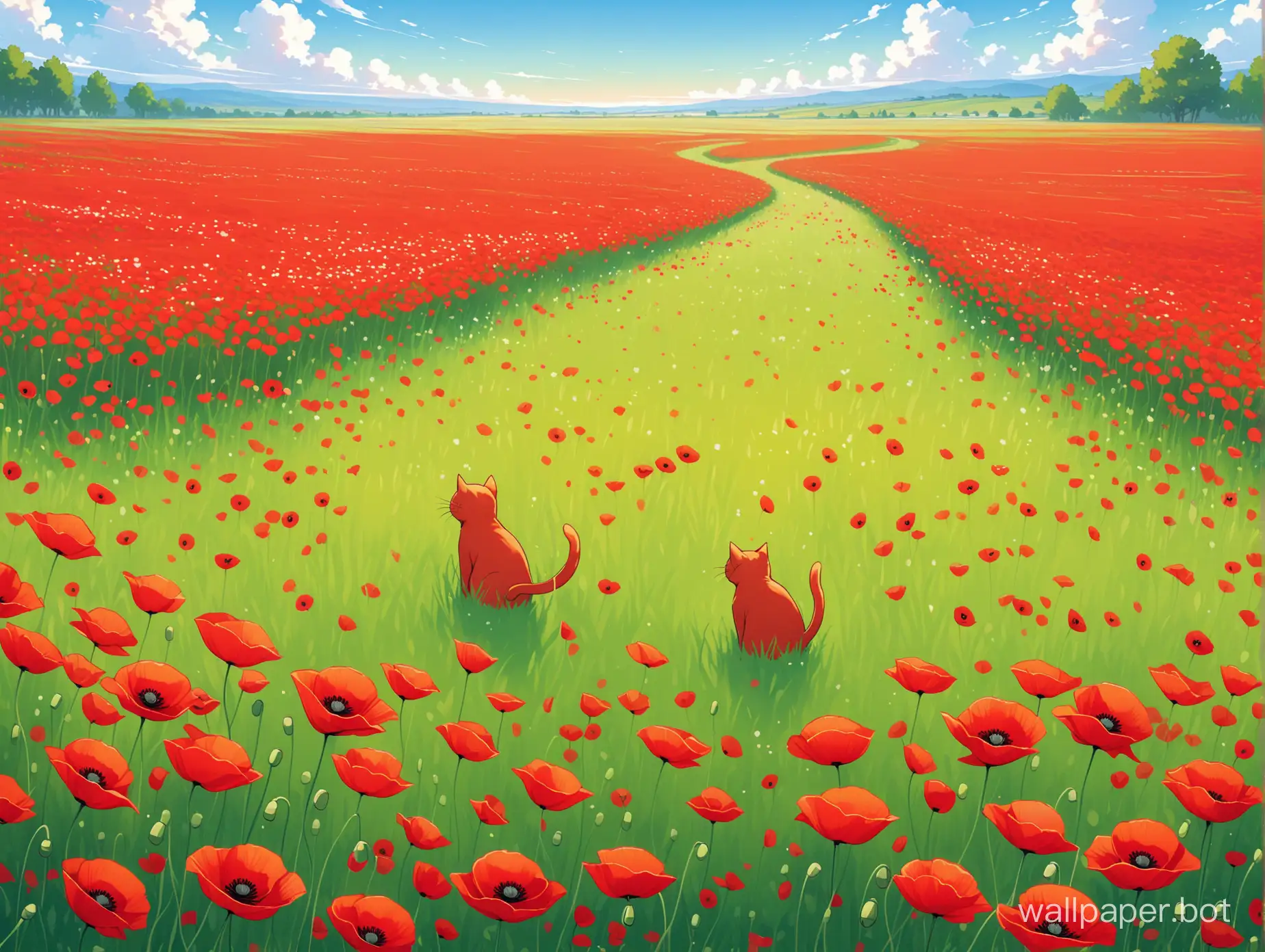 Draw a wallpaper that shows a poppy field and a red cat sitting in the middle of it in the distance