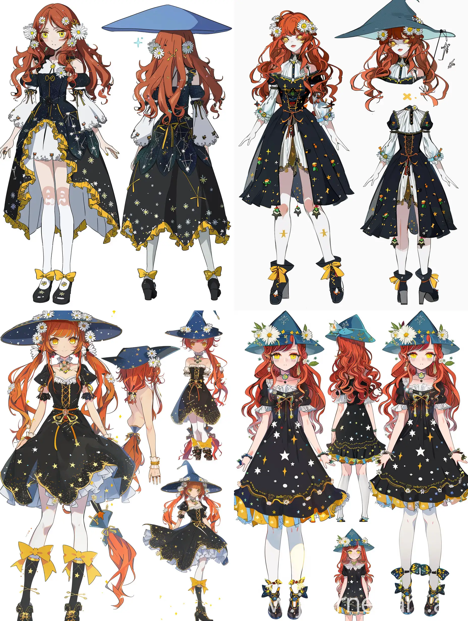 anime girl, multiple views, standing in full height, wavy red hair, daisies in her hair, yellow eyes, black medieval dress with stars in a fantasy style, white tights, black shoes with yellow bows, conical blue hat.