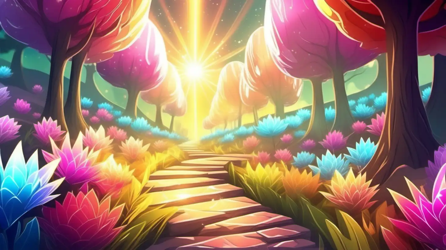 Enchanting Cartoon Pathway to a Crystal Flower Bathed in Sunlight