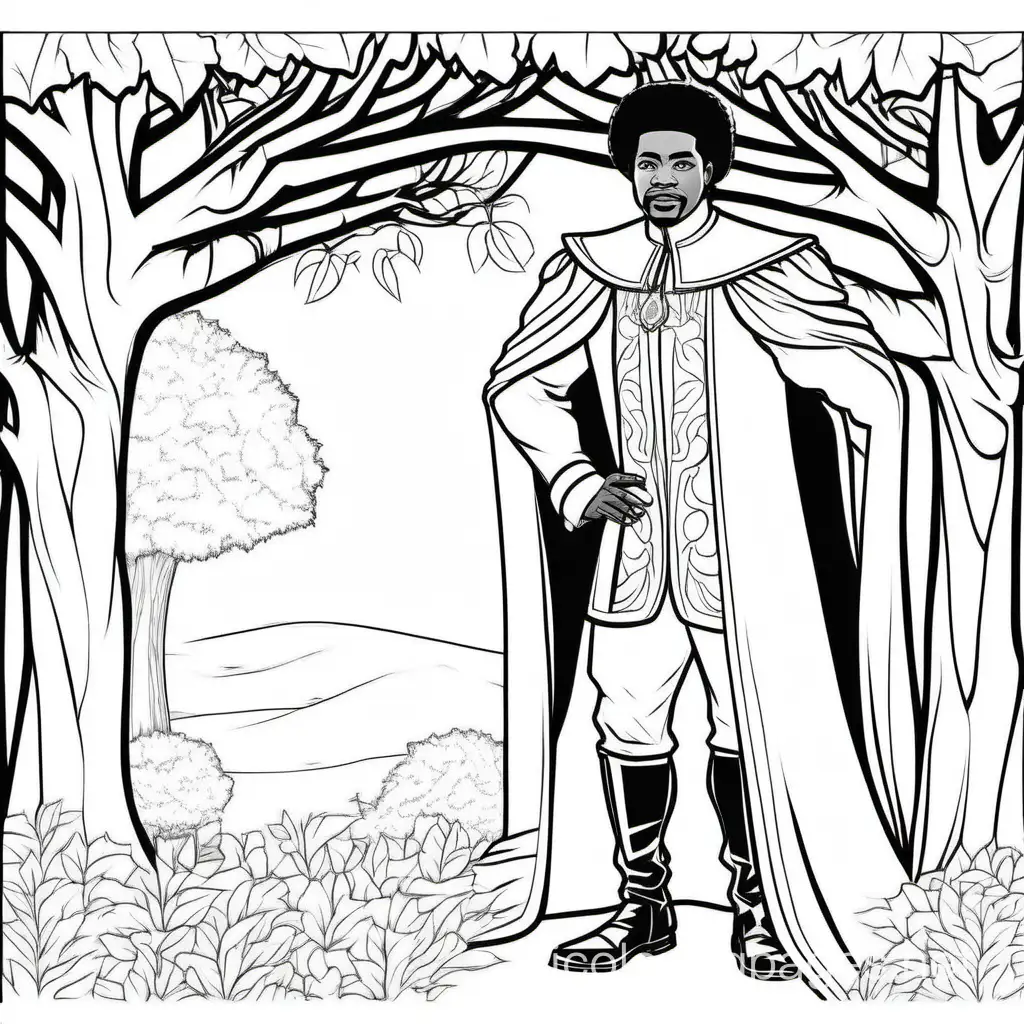 African American Man in royal clothes standing behind tree
, Coloring Page, black and white, line art, white background, Simplicity, Ample White Space. The background of the coloring page is plain white to make it easy for young children to color within the lines. The outlines of all the subjects are easy to distinguish, making it simple for kids to color without too much difficulty