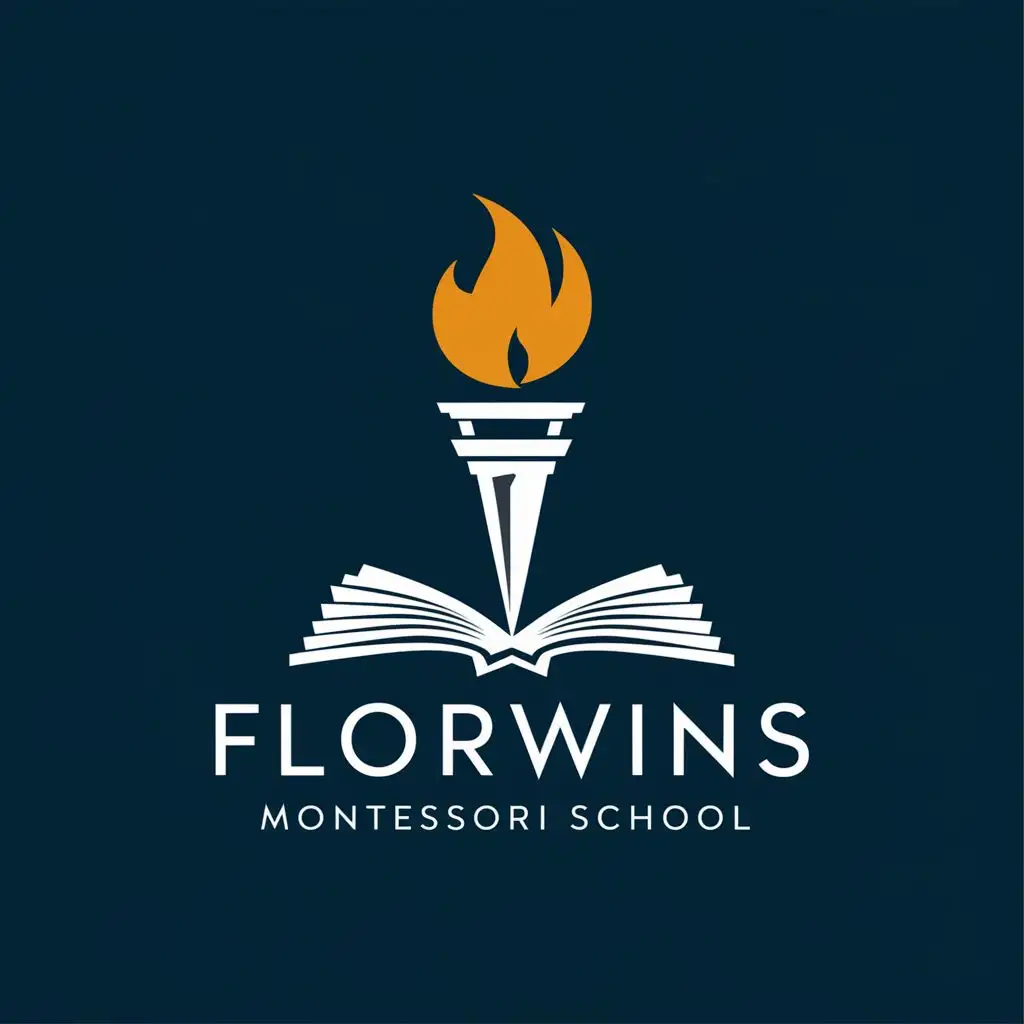 logo, TORCH WITH AN OPEN BOOK, with the text "FLORWINS MONTESSORI SCHOOL", typography, be used in Education industry
