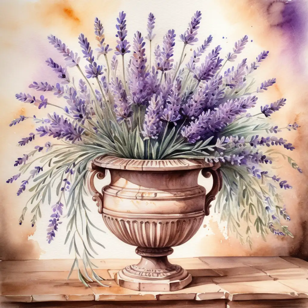 Antique Large Urn with Lavender Bouquet Vintage Watercolor Painting
