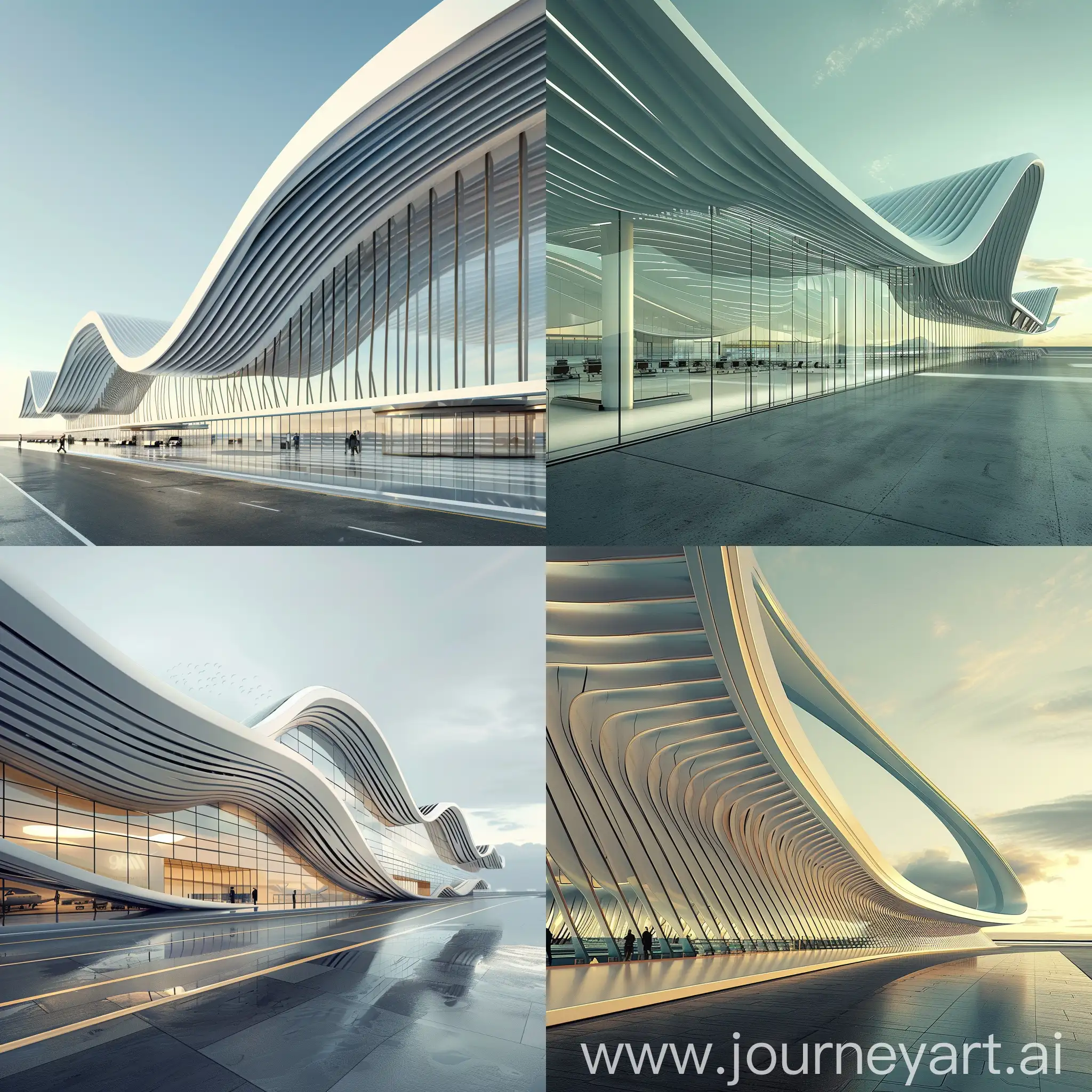 A futuristic airport terminal, with a linear design that mimics the gentle curves of ocean waves. The parametric facade adds a touch of modernity to the overall structure.