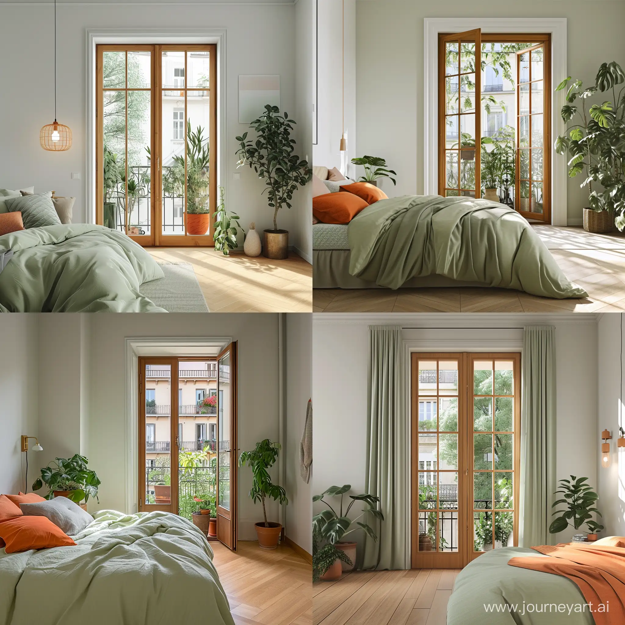 camera da letto moderna stile scandinavo con una porta finestra infisso color noce affaccio sul balcone con piante. Colore verde chiaro e arancione. Parquet chiaro. pareti bianche. 