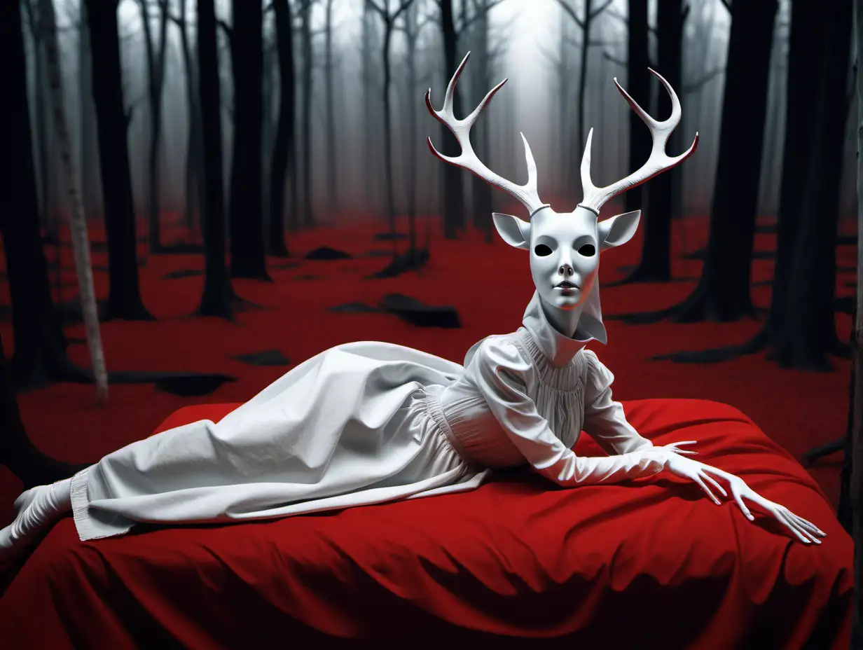 A dead deer with a white baby mask lies on red bad in the forest, in the style of demonic photograph, post processing, silence, detailed costumes, monochromatic minimalist portraits, ghostly presence, traditional costumes, Magical, mystical award winning photograph, in the style of Remedios Varo, , digital painting ::-0.3 Barbouillage, Shot on 17. 5mm, 85mm Lens, DSLR, F/ 22, ND - Filter, ultra quality, highly detailed, unreal engine, volumetric lighting, ominous, dramatic, horror background, octane render. ::1 , —ar 16:9