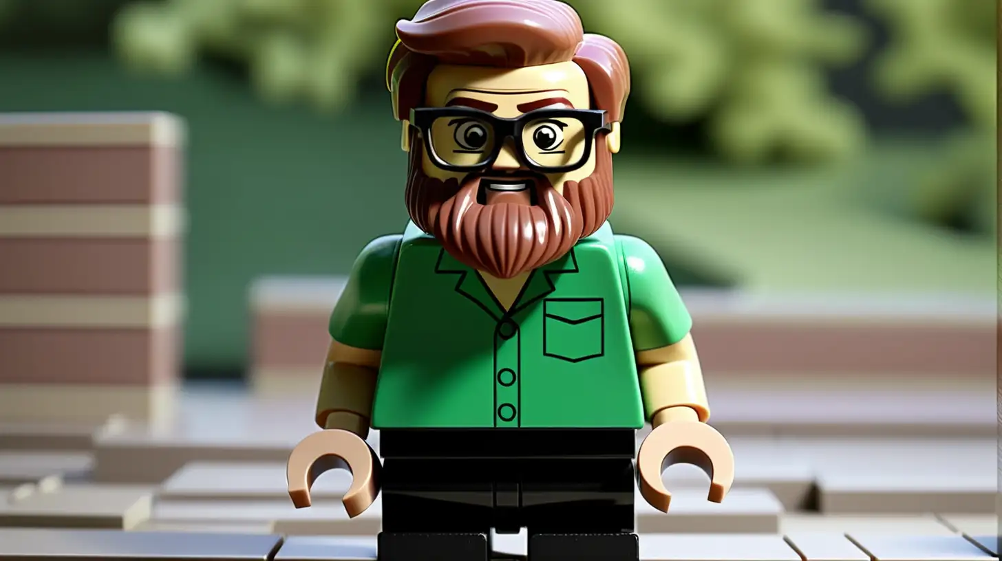 lego character with beard and glasses. Green shirt
