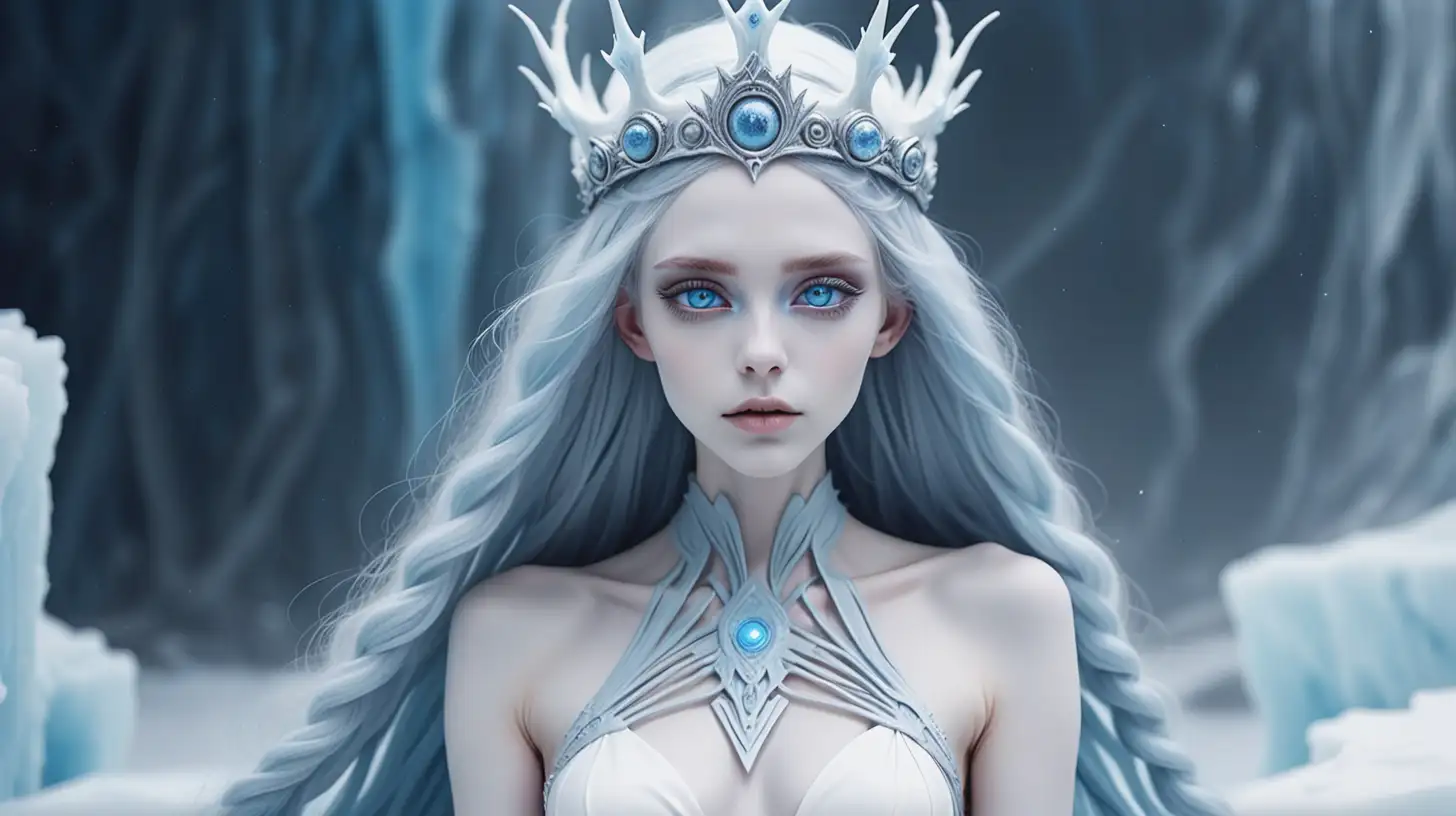 Beautiful woman alien pale blue skin, long grey and glacier blue hair, blue eyes, white Eyebrows, thin body, tall, etherial, full body shot, white goddess dress, ice crown, 