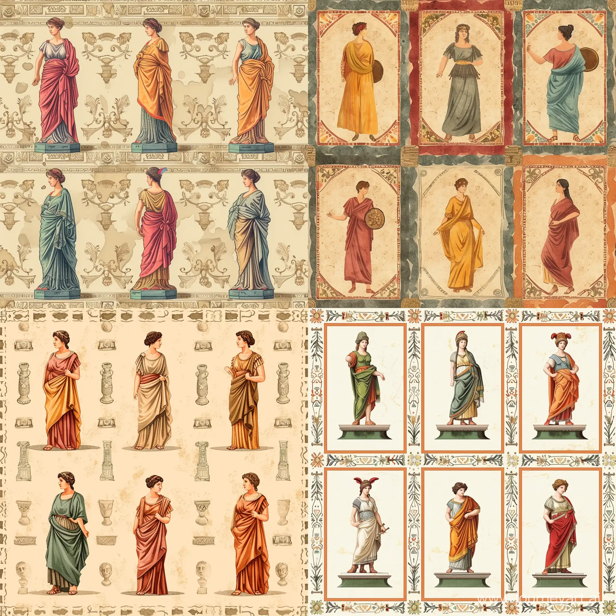 Six small figures of women of Ancient Rome, on the background of the pattern of ancient Rome, fabulous illustration, stylization, Victor Nagi, watercolor, decorative, flat drawing