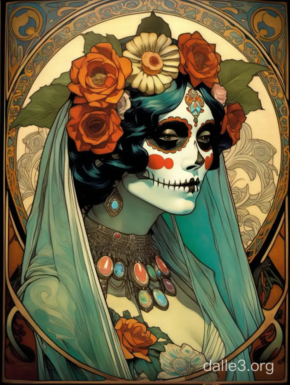 Alphonse Mucha painting of la catrina head only