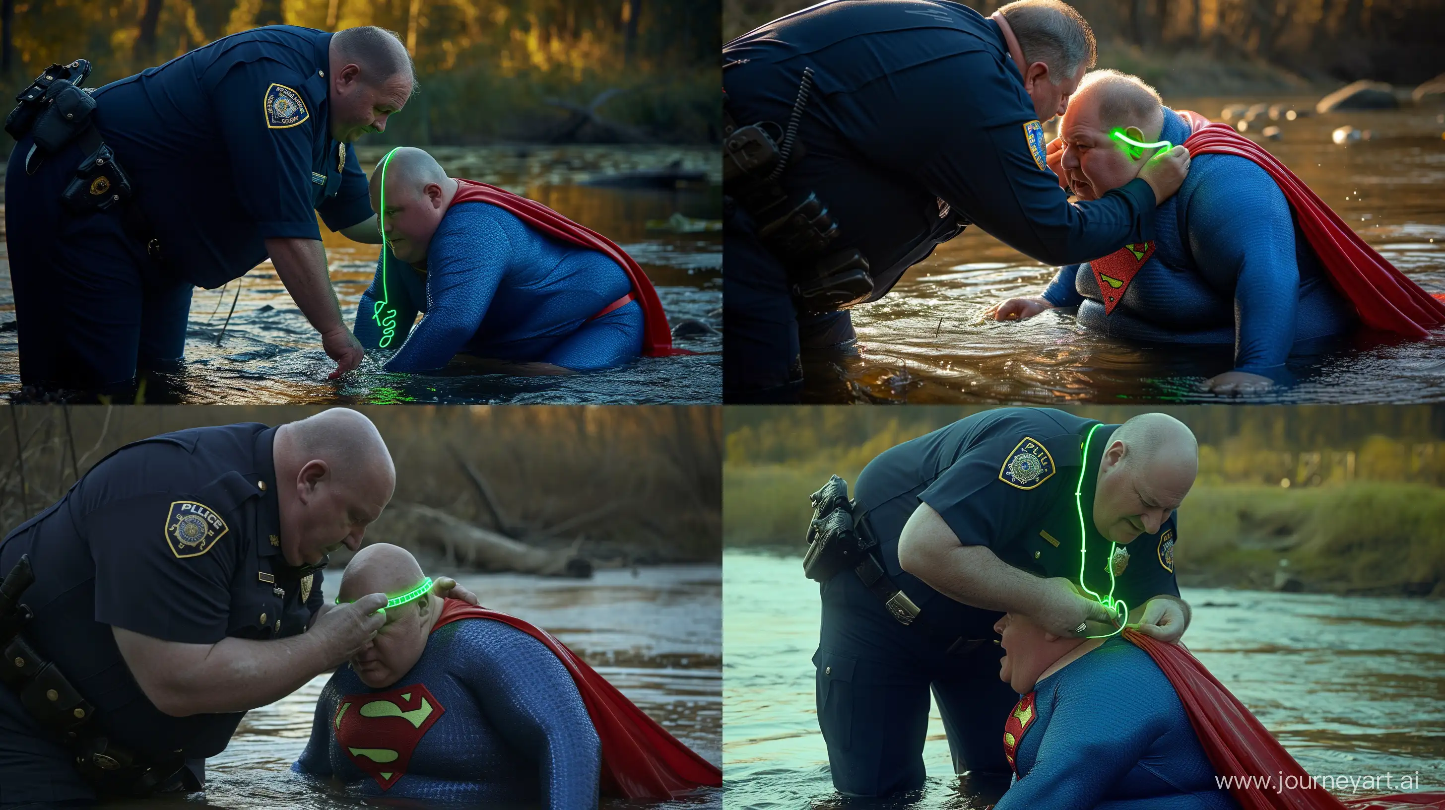 Close-up photo of a fat man aged 60 wearing a navy police uniform. Bending and putting a tight green glowing neon dog collar on the nape of a fat man aged 60 wearing a tight blue 1978 superman costume with a red cape crawling in the water. Natural Light. River. --style raw --ar 16:9