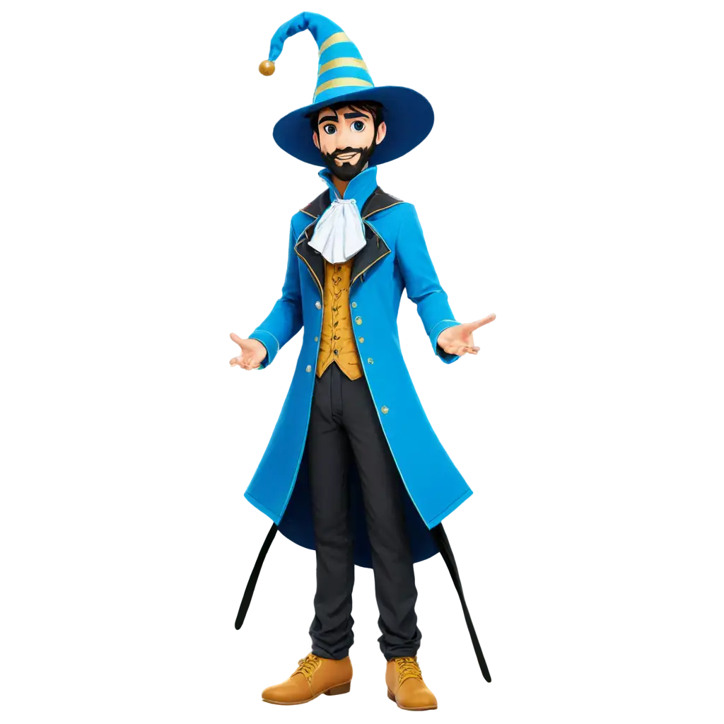 2d anime jester magician with beard and sideburn wearing blue